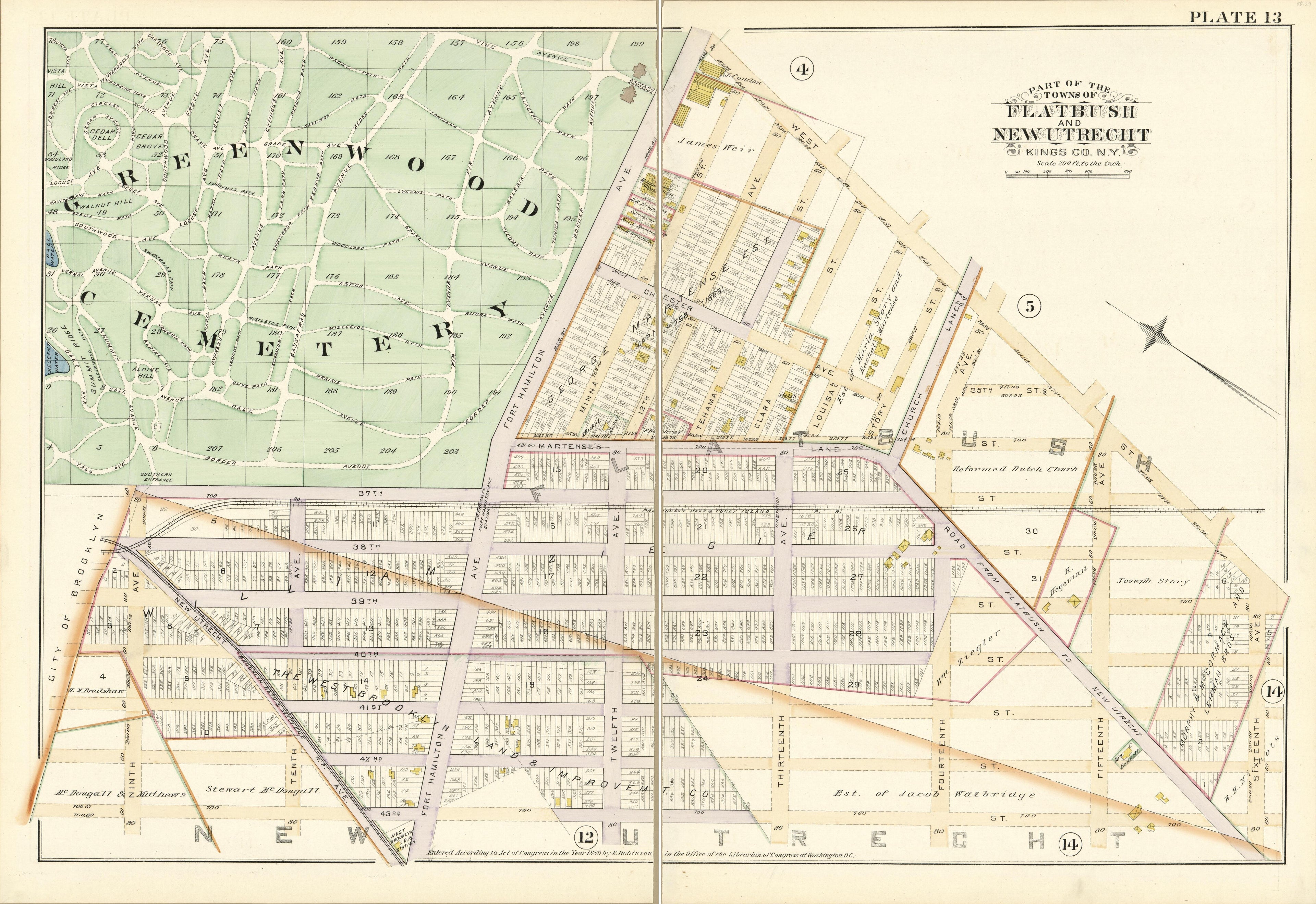 Plate 13 - Part of the Towns of Flatbush and New Utrecht, Kings County, N.Y. from Robinson&