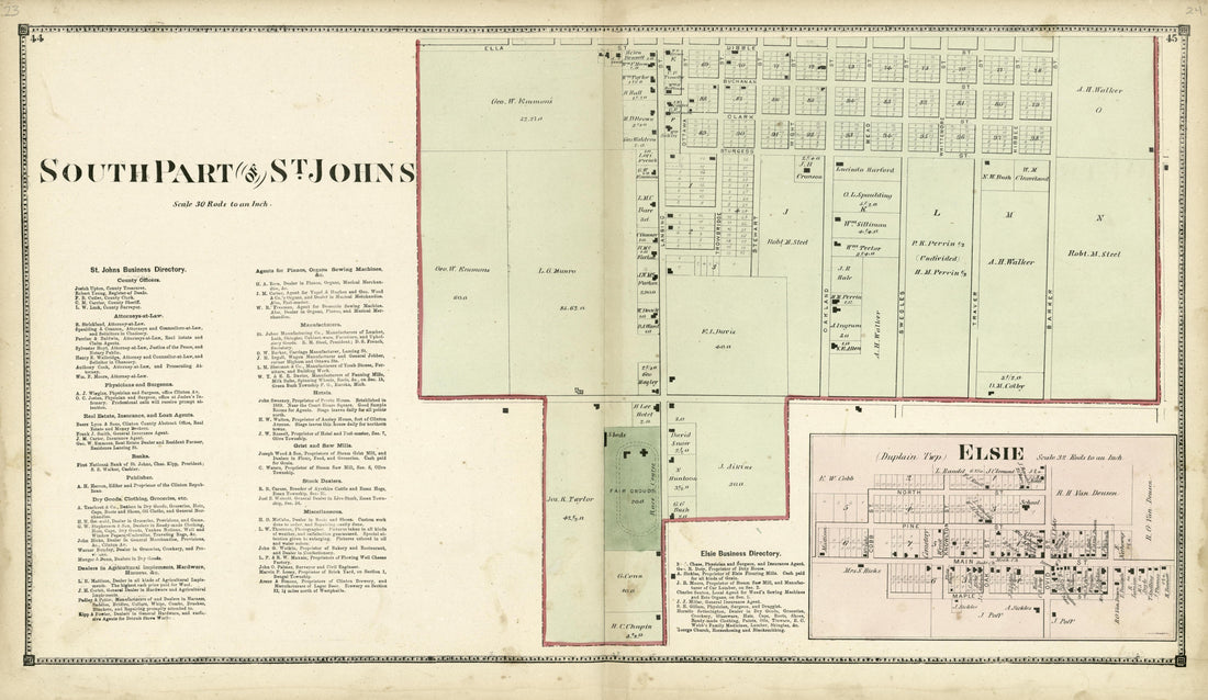 South Part of St. Johns from Atlas of Clinton County, Michigan 1873 by Relic Map Company