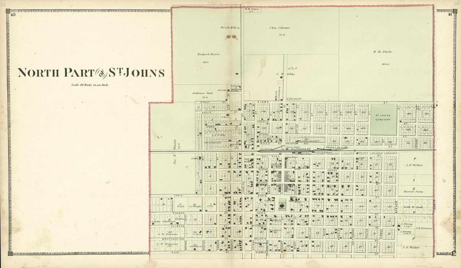 North Part of St. Johns from Atlas of Clinton County, Michigan 1873 by Relic Map Company