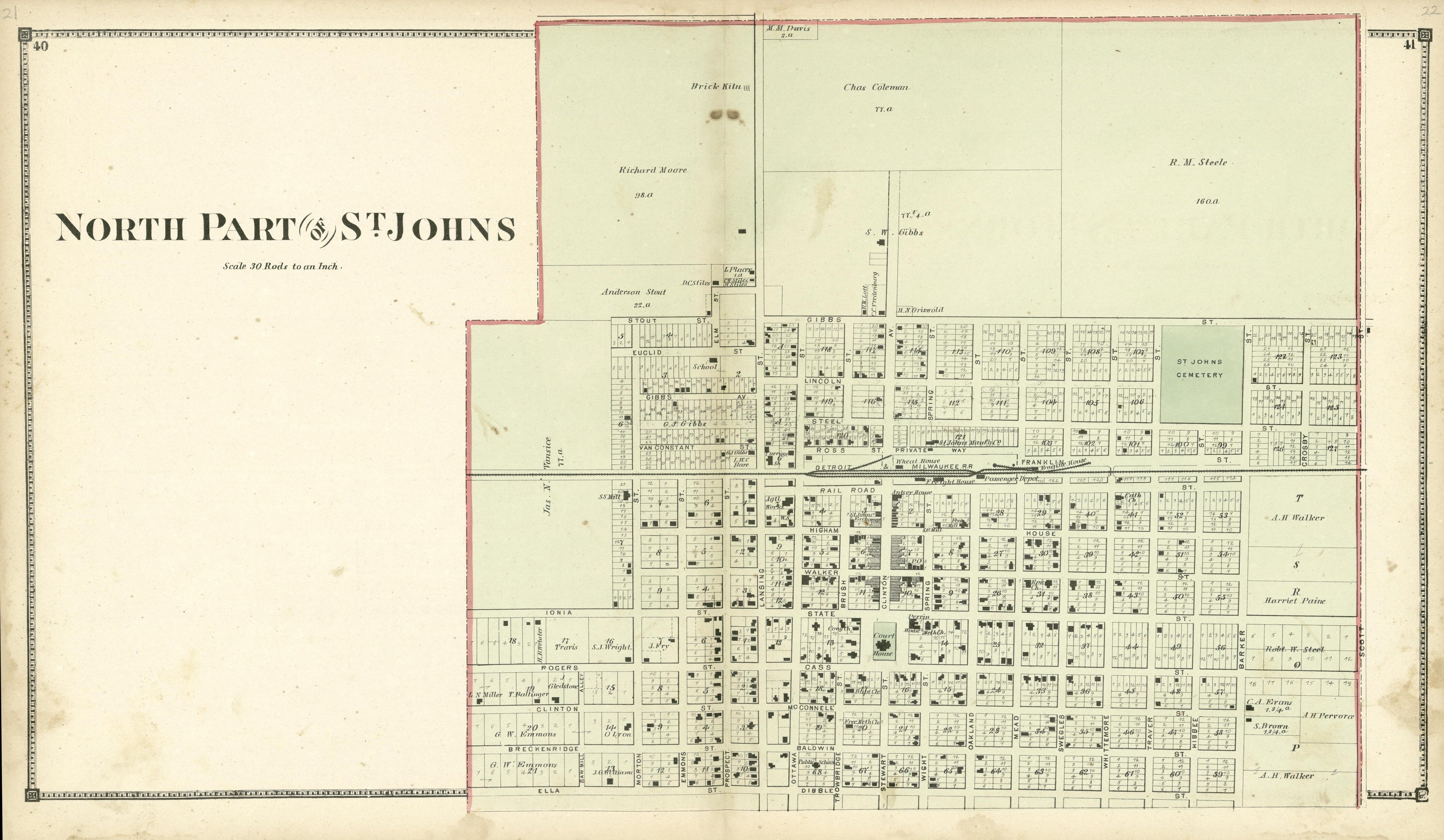 North Part of St. Johns from Atlas of Clinton County, Michigan 1873 by Relic Map Company
