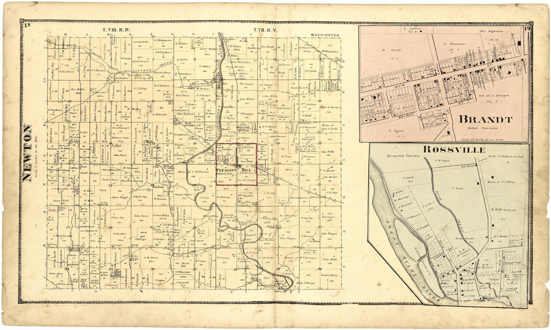 Newton; Brandt; Rossville from Atlas of Miami County, Ohio 1871 by Relic Map Company