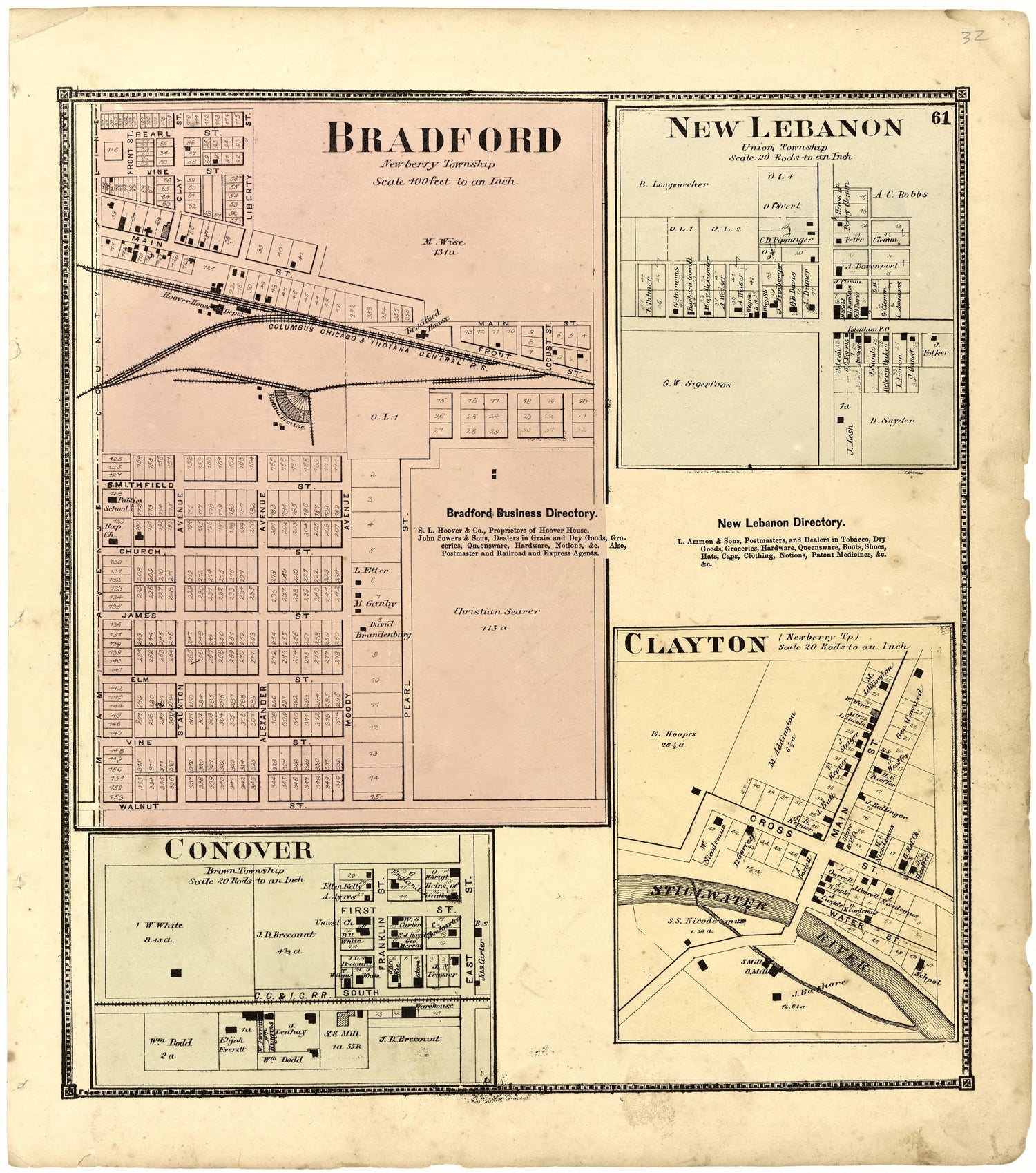 Bradford; New Lebanon; Conover; Clayton from Atlas of Miami County, Ohio 1871 by Relic Map Company