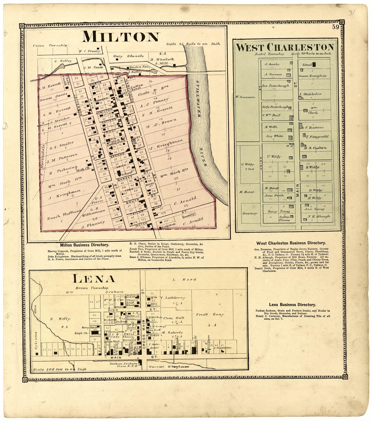 Milton; West Charleston; Lena from Atlas of Miami County, Ohio 1871 by Relic Map Company