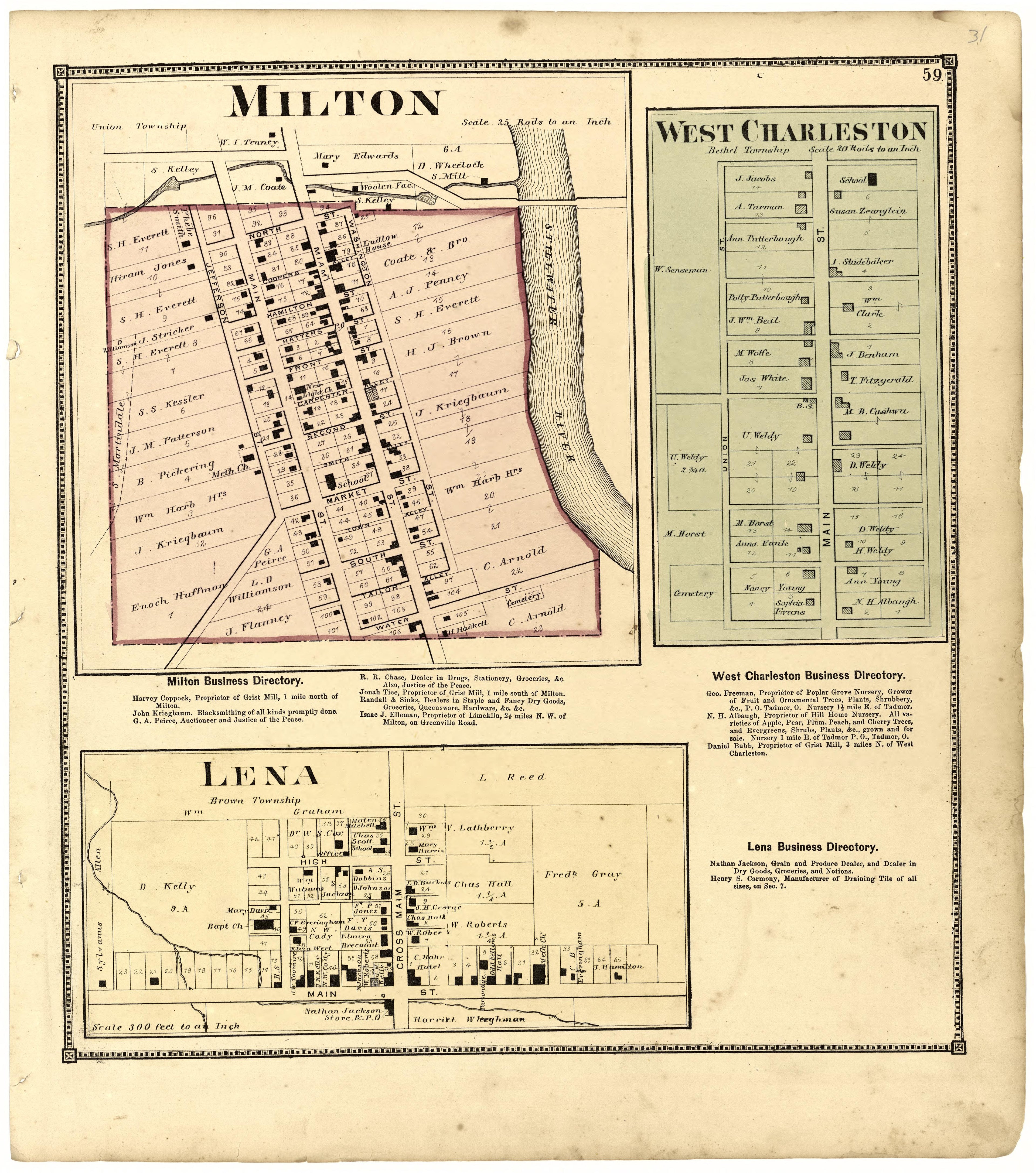 Milton; West Charleston; Lena from Atlas of Miami County, Ohio 1871 by Relic Map Company
