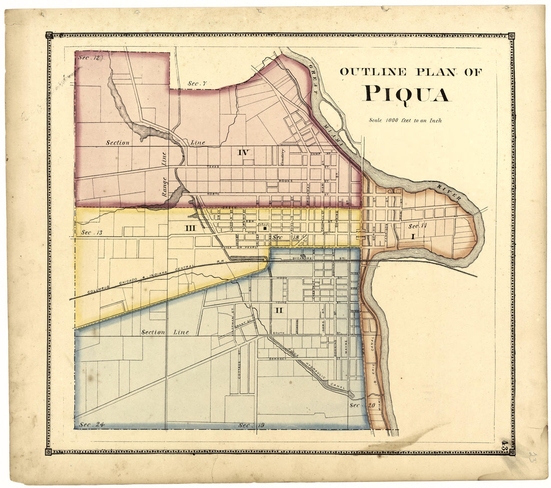 Outline Plan of Piqua from Atlas of Miami County, Ohio 1871 by Relic Map Company
