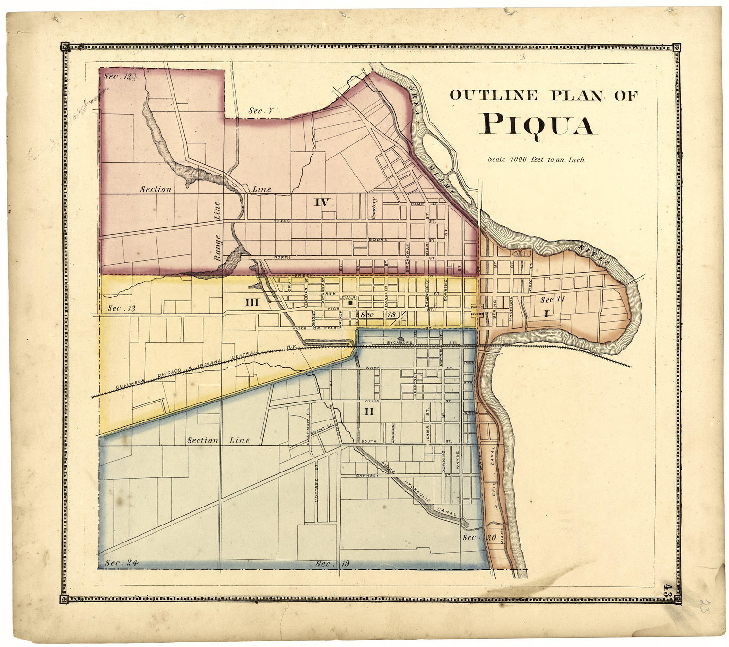 Outline Plan of Piqua from Atlas of Miami County, Ohio 1871 by Relic Map Company