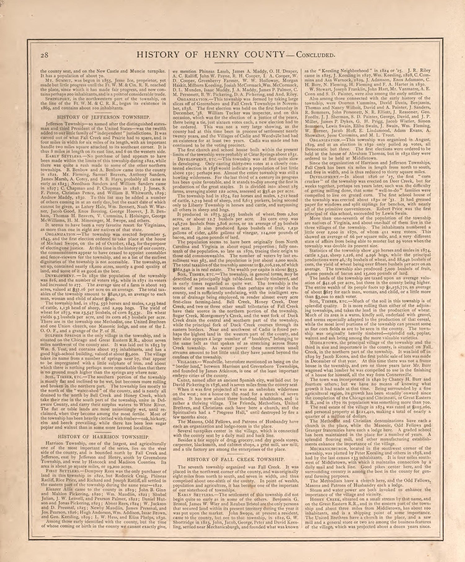 Township History of Henry County-continued from an Illustrated Historical Atlas of Henry County, Indiana 1875 by Relic Map Company