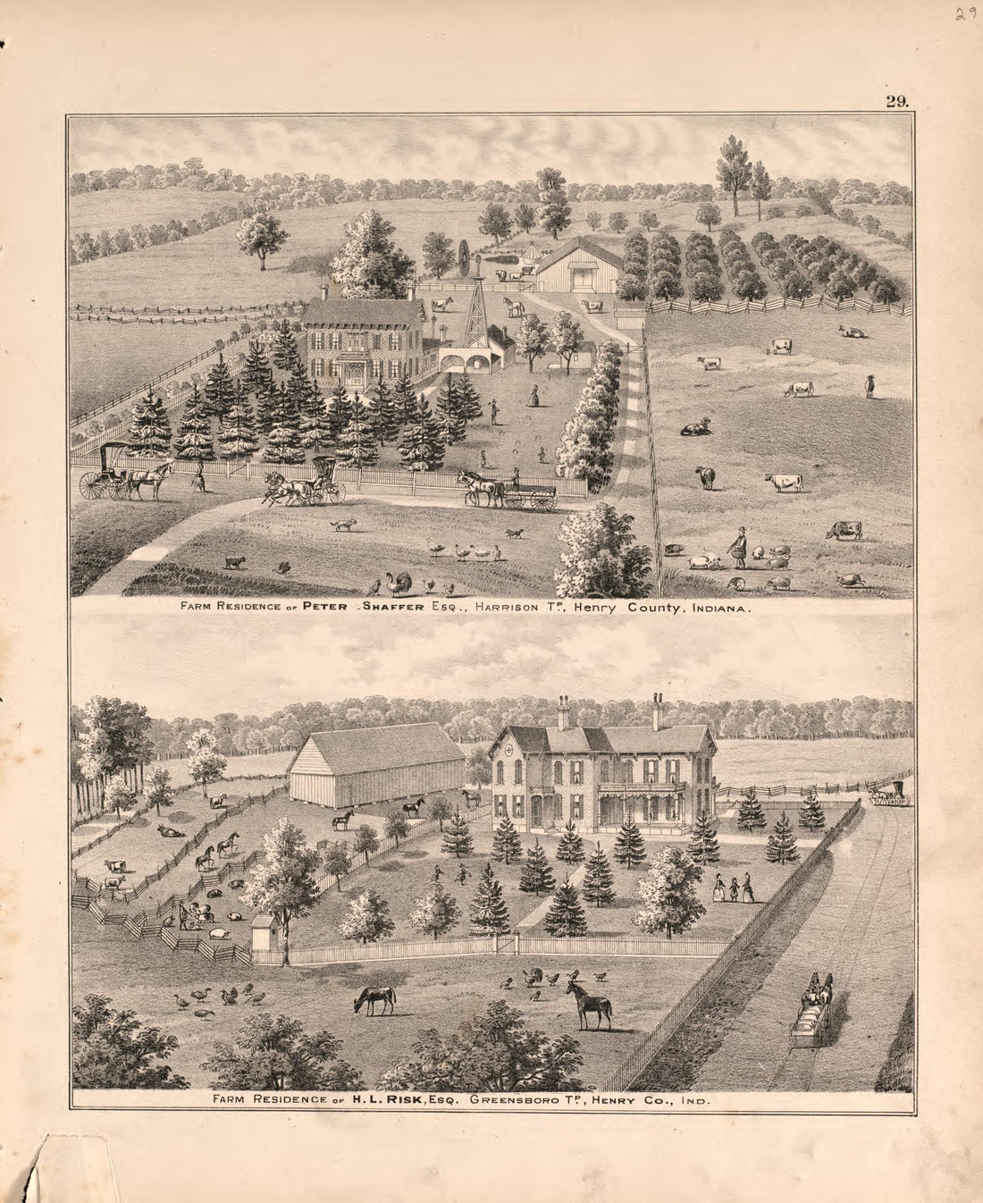 Views of Shaffer and Risk Residences from an Illustrated Historical Atlas of Henry County, Indiana 1875 by Relic Map Company