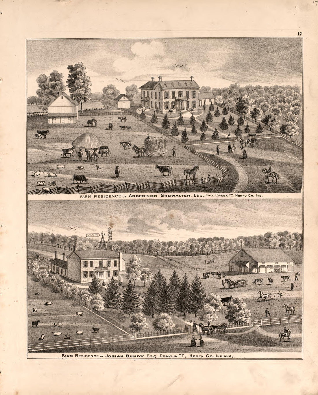 Views of Bundy and Showalter Residences from an Illustrated Historical Atlas of Henry County, Indiana 1875 by Relic Map Company