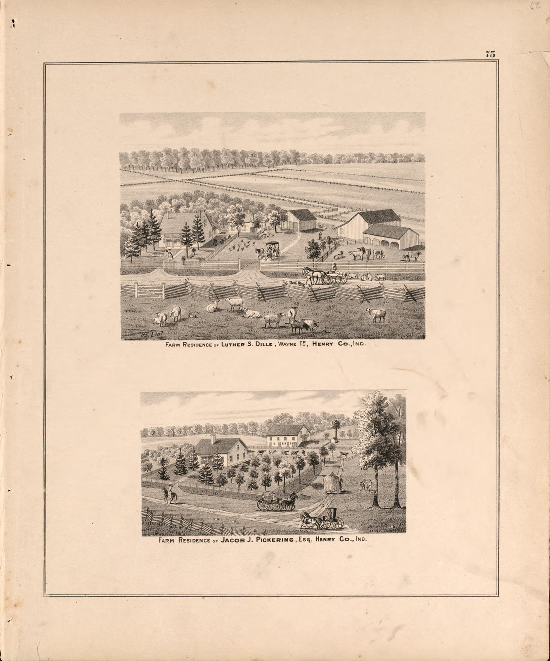 Views of Pickering and Dille Residences from an Illustrated Historical Atlas of Henry County, Indiana 1875 by Relic Map Company