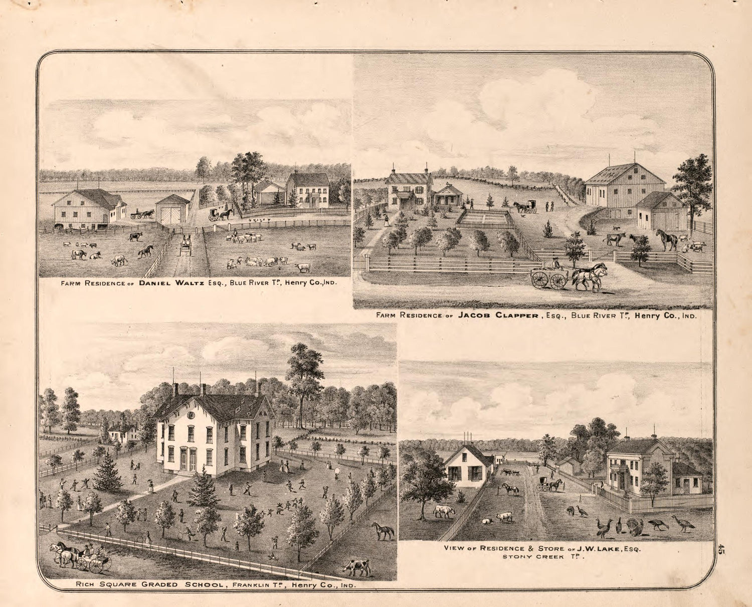 Views of Waltz, Clapper, Lake and Rich Square Graded School from an Illustrated Historical Atlas of Henry County, Indiana 1875 by Relic Map Company
