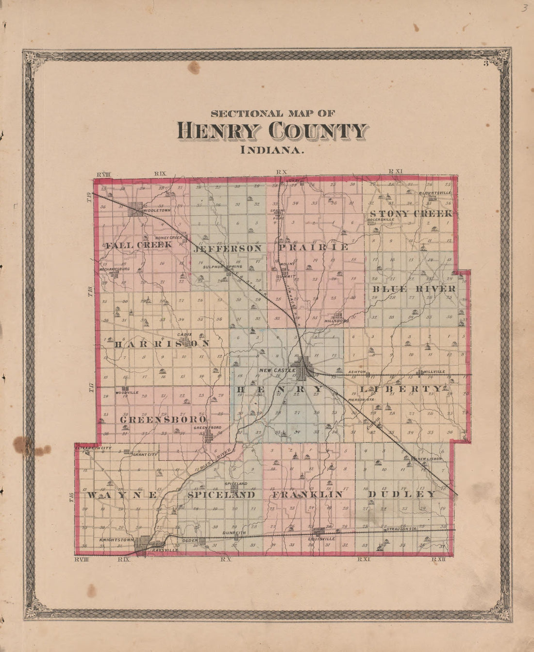 Sectional Map of Henry County, Indiana from an Illustrated Historical Atlas of Henry County, Indiana 1875 by Relic Map Company