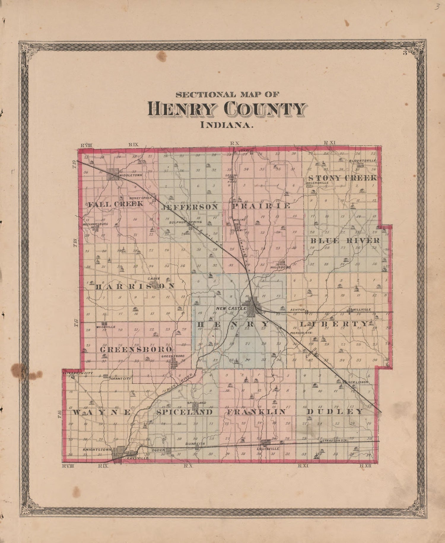 Sectional Map of Henry County, Indiana from an Illustrated Historical Atlas of Henry County, Indiana 1875 by Relic Map Company