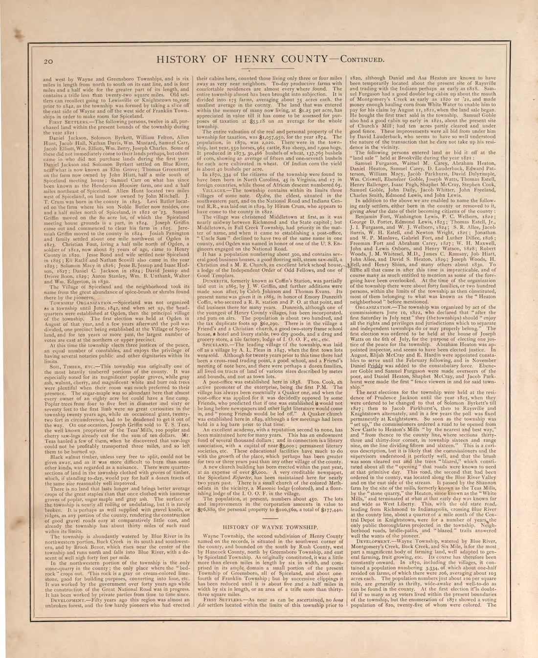 Township History of Henry County-continued from an Illustrated Historical Atlas of Henry County, Indiana 1875 by Relic Map Company