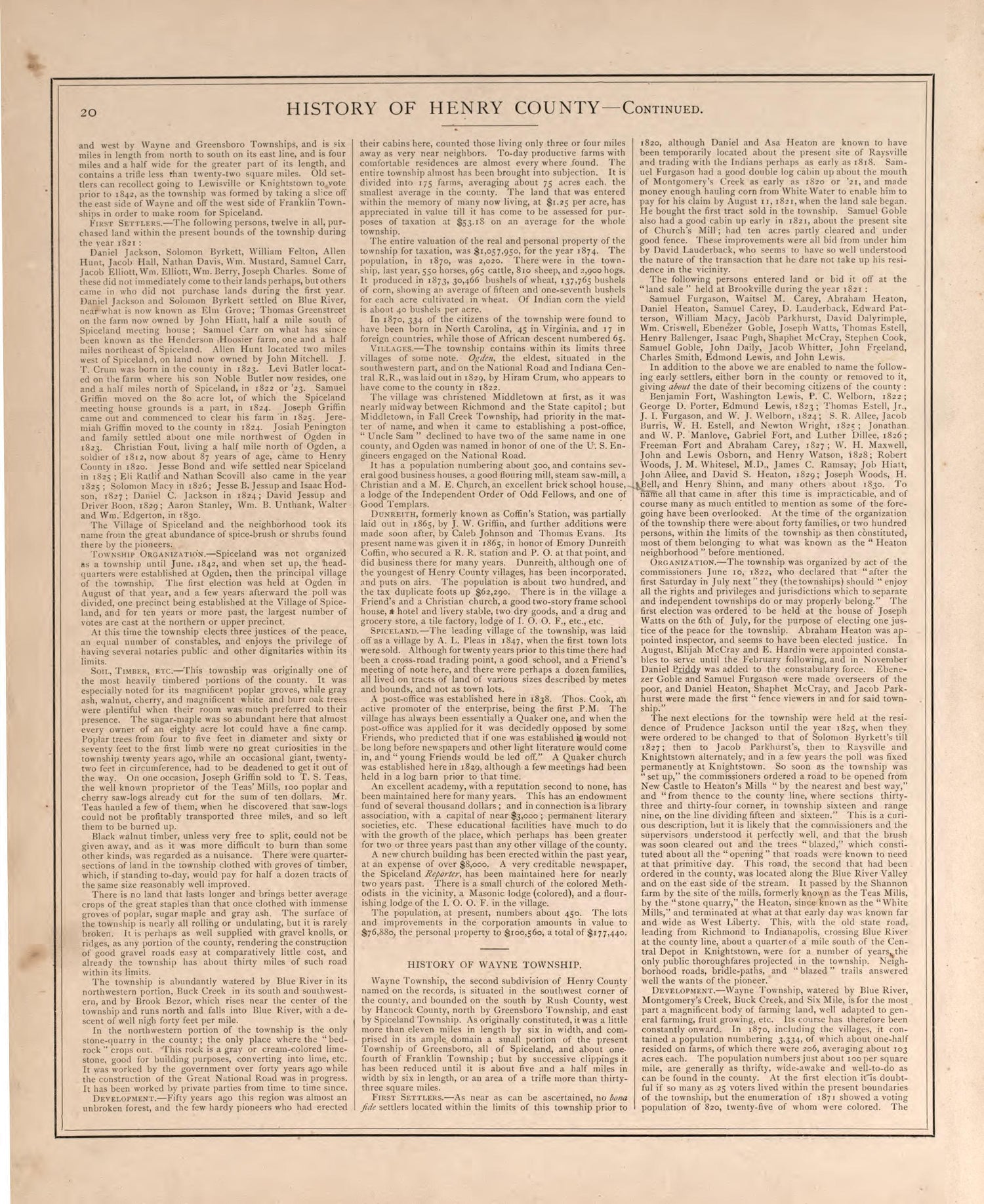 Township History of Henry County-continued from an Illustrated Historical Atlas of Henry County, Indiana 1875 by Relic Map Company