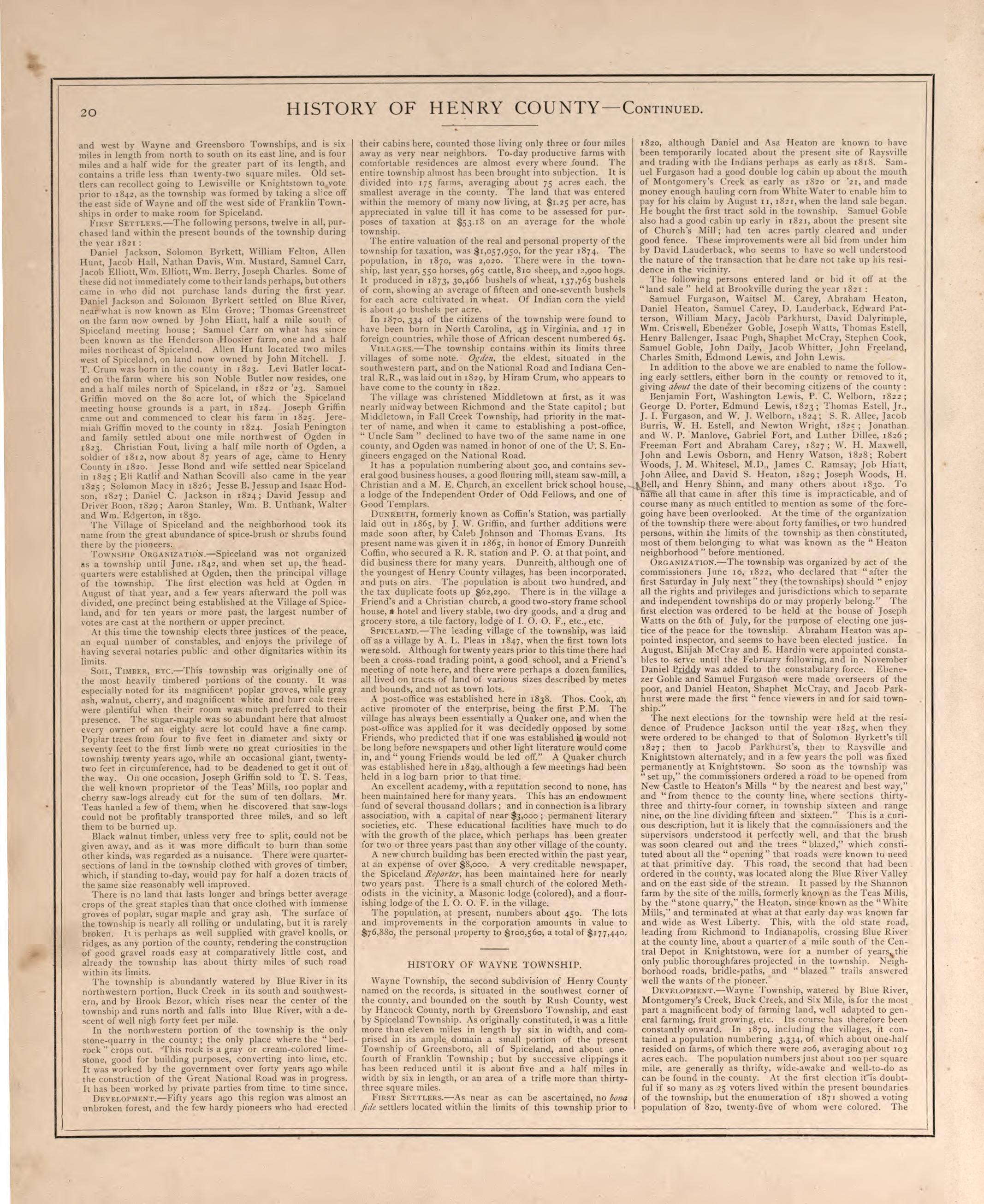Township History of Henry County-continued from an Illustrated Historical Atlas of Henry County, Indiana 1875 by Relic Map Company