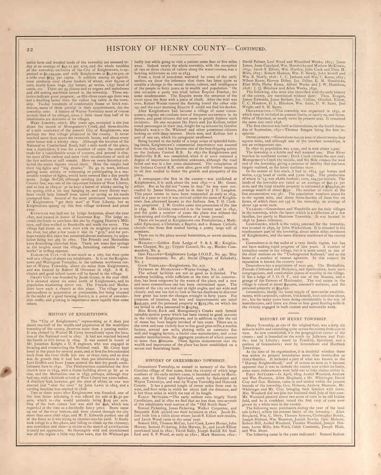Township History of Henry County-continued from an Illustrated Historical Atlas of Henry County, Indiana 1875 by Relic Map Company