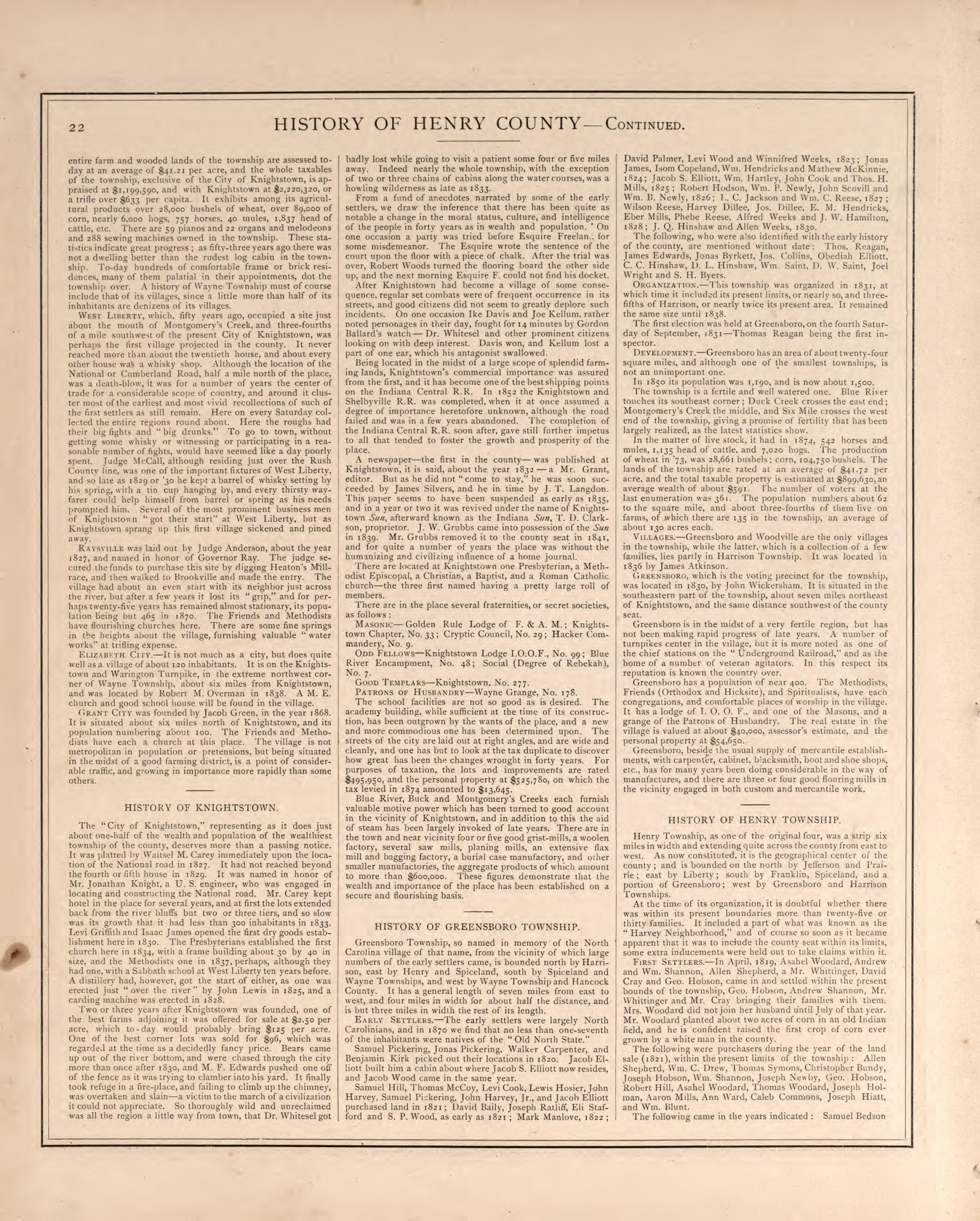 Township History of Henry County-continued from an Illustrated Historical Atlas of Henry County, Indiana 1875 by Relic Map Company