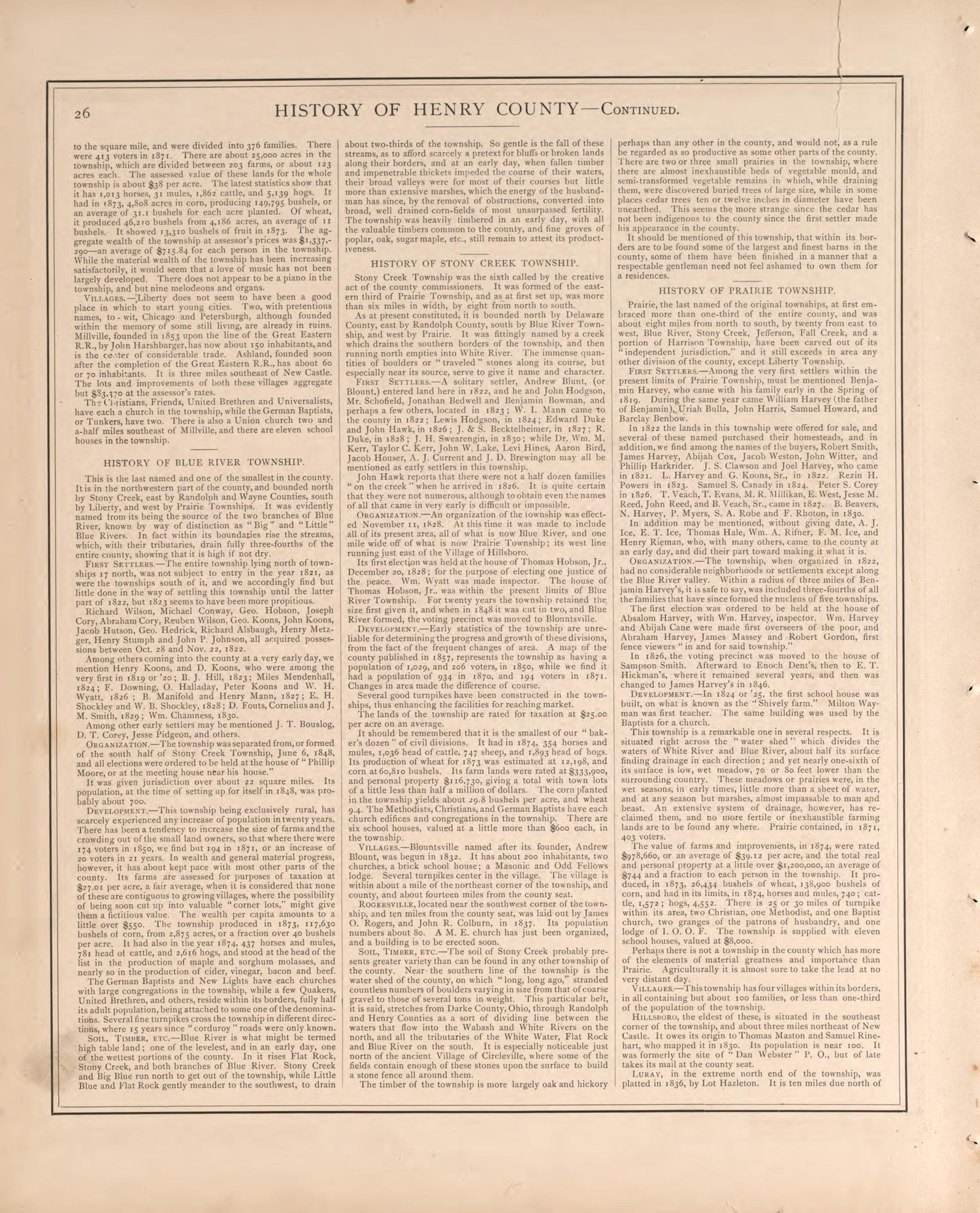 Township History of Henry County-continued from an Illustrated Historical Atlas of Henry County, Indiana 1875 by Relic Map Company