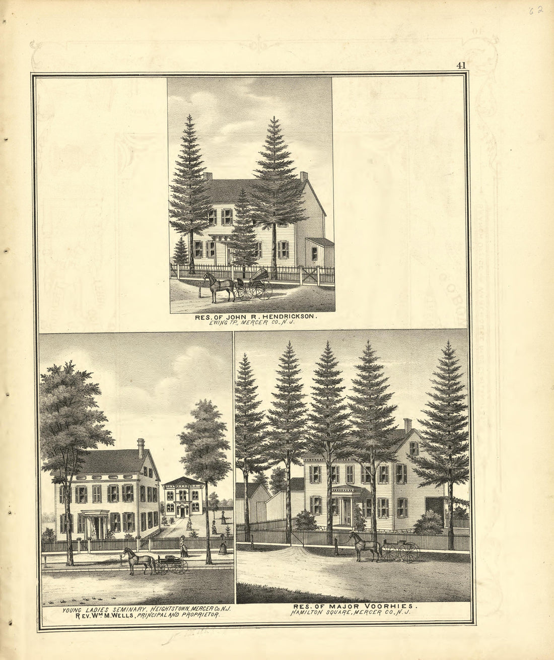 Res. of John R. Hendrickson, Young Ladies Seminary, &amp; Res. of Major Voorhies from Combination Atlas Map of Mercer County, New Jersey 1875 by Relic Map Company