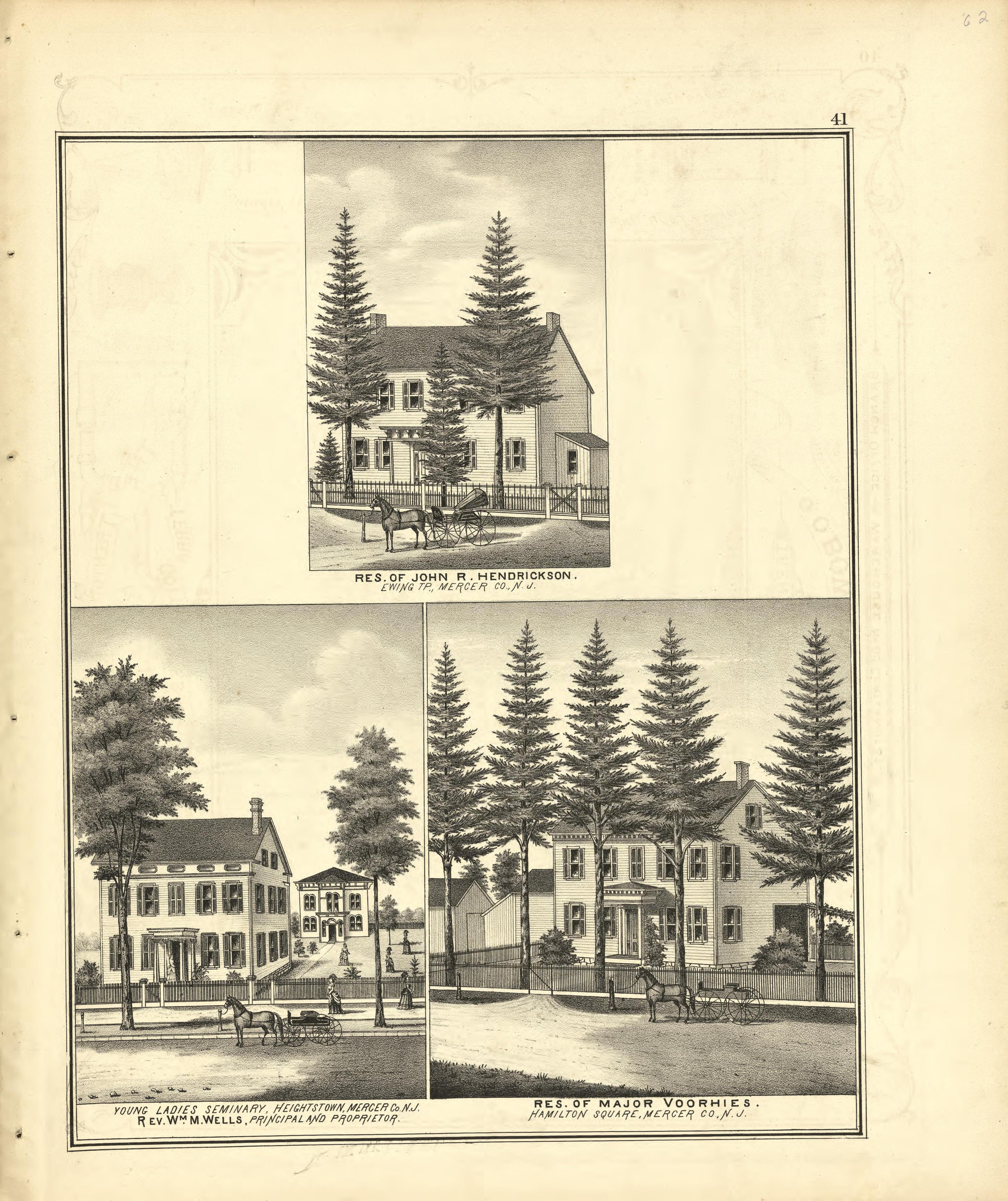 Res. of John R. Hendrickson, Young Ladies Seminary, &amp; Res. of Major Voorhies from Combination Atlas Map of Mercer County, New Jersey 1875 by Relic Map Company