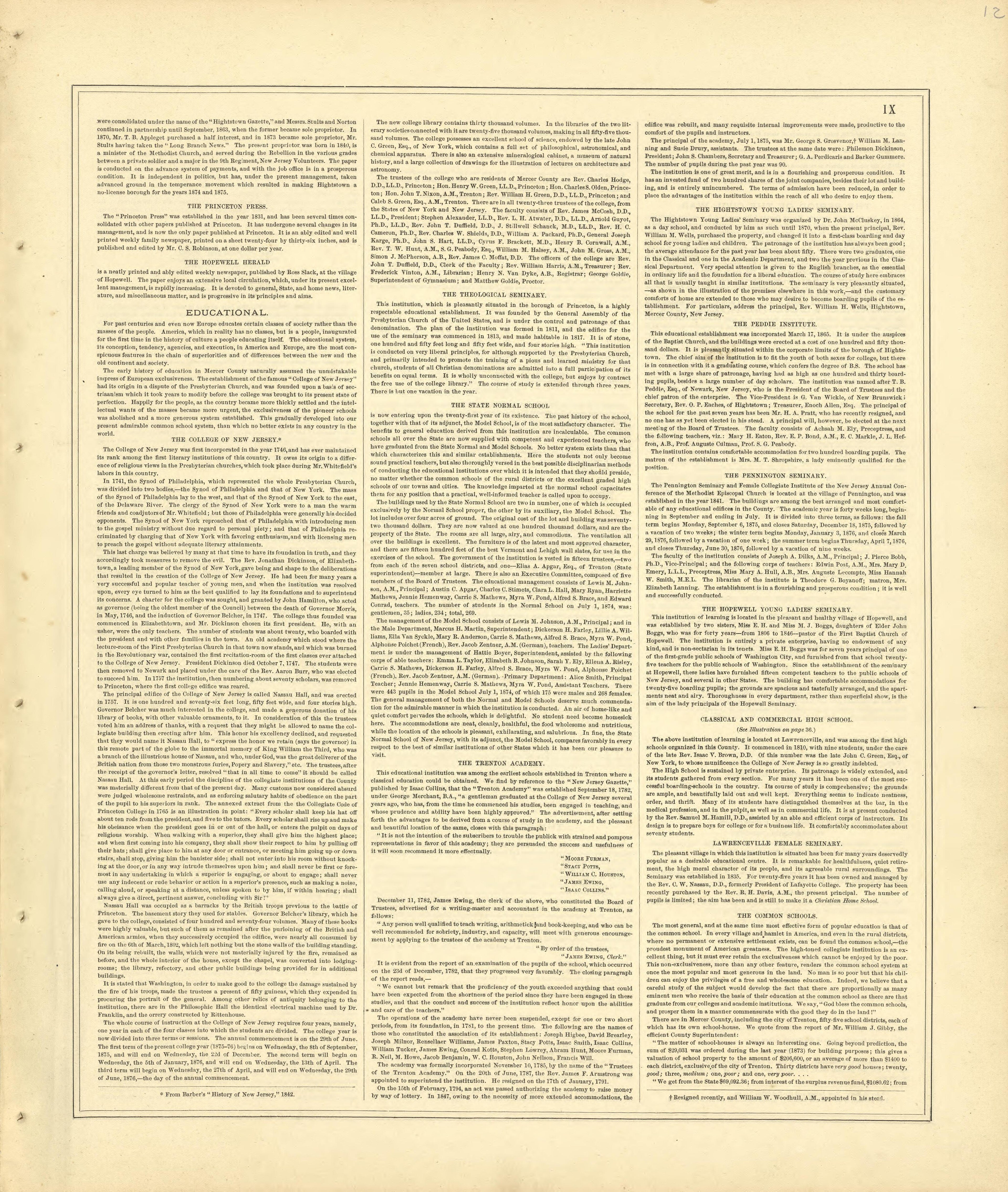 History of Mercer County, N.J. - Continued from Combination Atlas Map of Mercer County, New Jersey 1875 by Relic Map Company