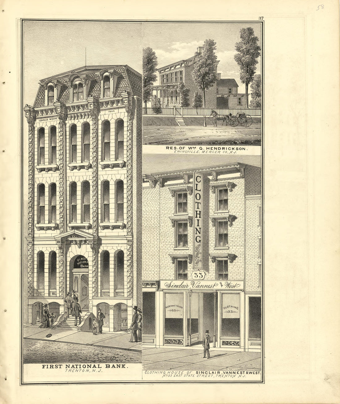 First National Bank; Res: Hendrickson; Clothing House of Sinclair Vannest &amp; West from Combination Atlas Map of Mercer County, New Jersey 1875 by Relic Map Company