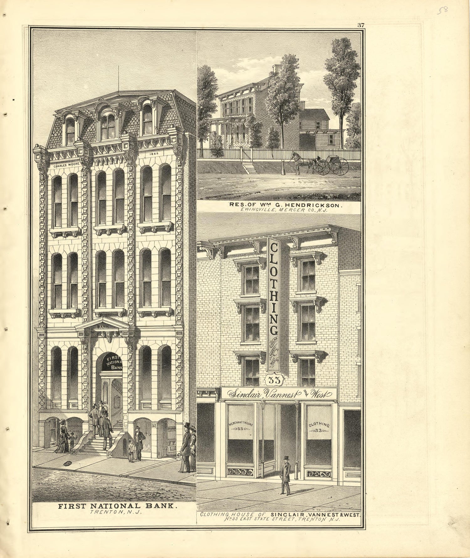 First National Bank; Res: Hendrickson; Clothing House of Sinclair Vannest &amp; West from Combination Atlas Map of Mercer County, New Jersey 1875 by Relic Map Company
