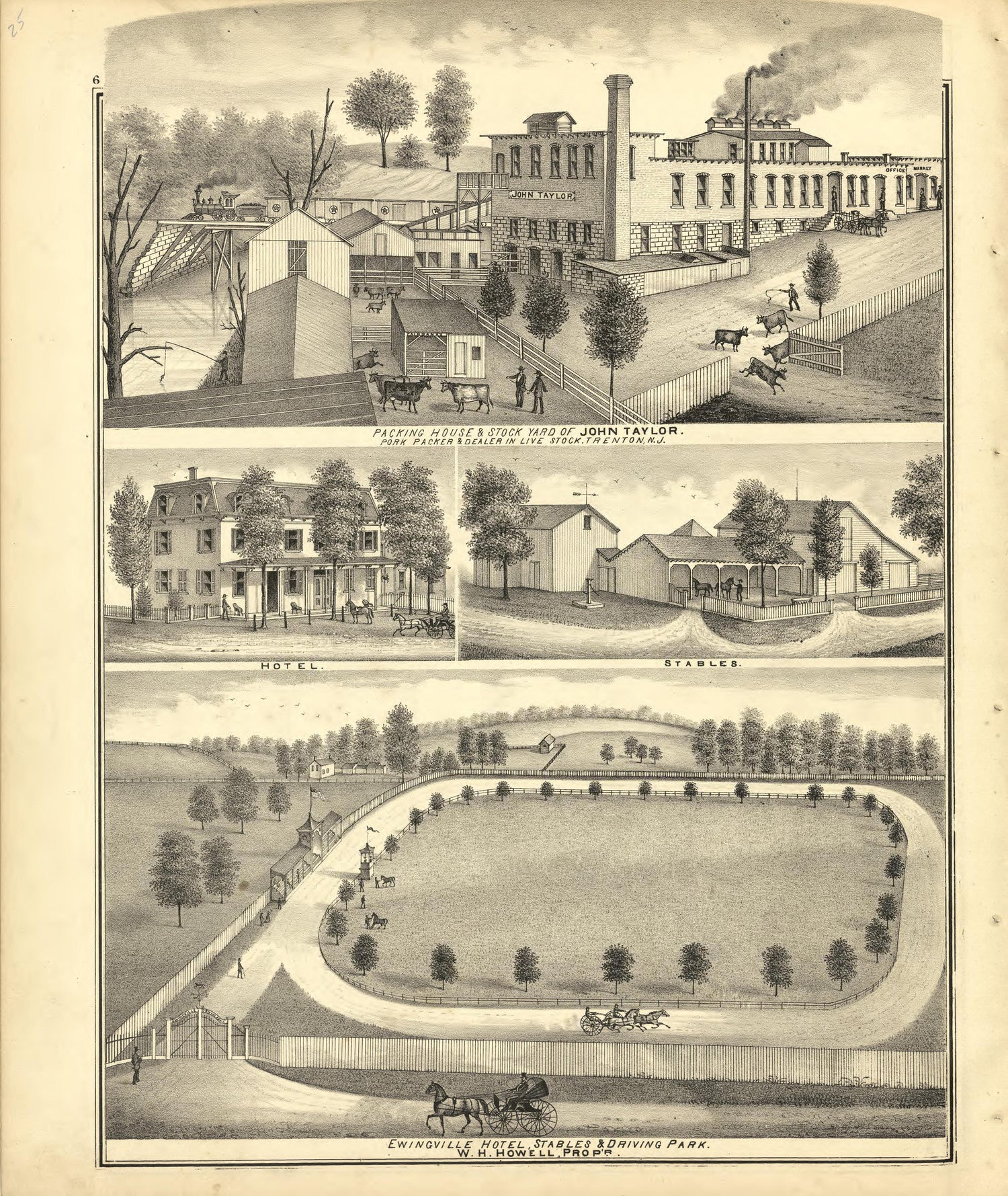 Packing House &amp; Stock Yard and Ewingville Hotel, Stables and Driving Park from Combination Atlas Map of Mercer County, New Jersey 1875 by Relic Map Company