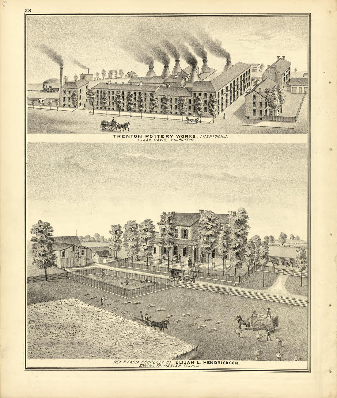 Trenton Pottery Works and Res. &amp; Farm Property of Elijah L. Hendrickson. from Combination Atlas Map of Mercer County, New Jersey 1875 by Relic Map Company