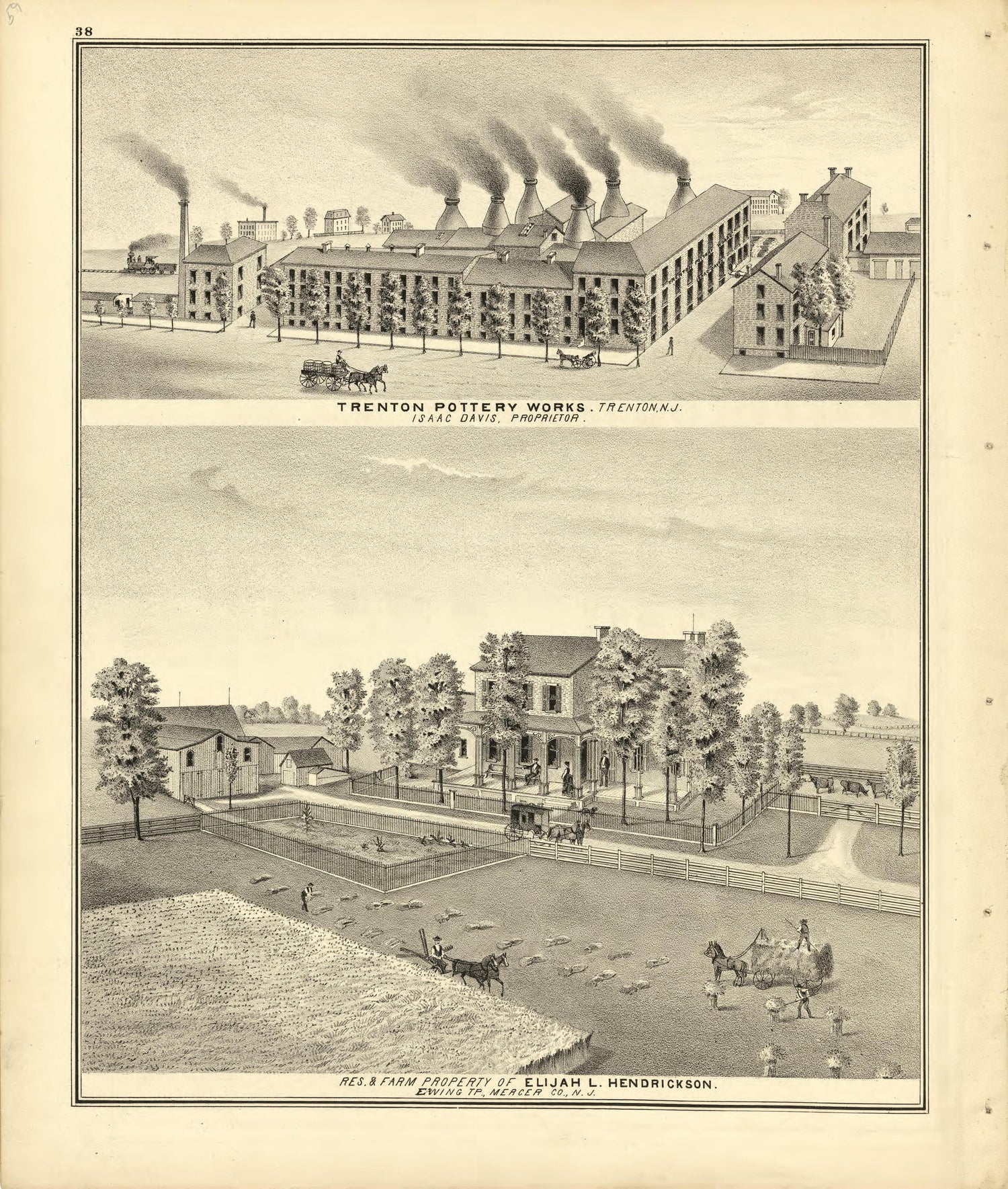 Trenton Pottery Works and Res. &amp; Farm Property of Elijah L. Hendrickson. from Combination Atlas Map of Mercer County, New Jersey 1875 by Relic Map Company
