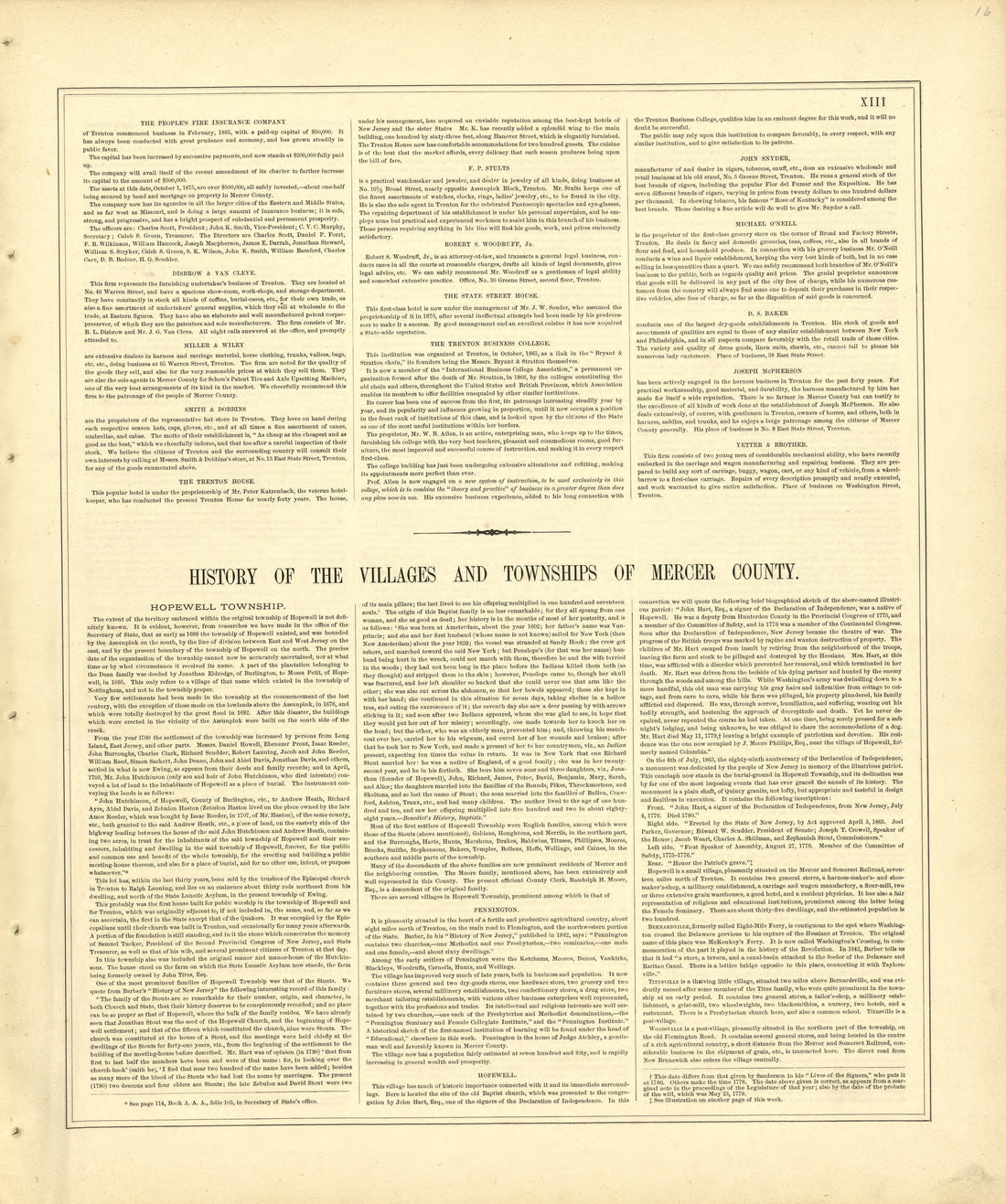 History of Mercer County, N.J. - Continued from Combination Atlas Map of Mercer County, New Jersey 1875 by Relic Map Company