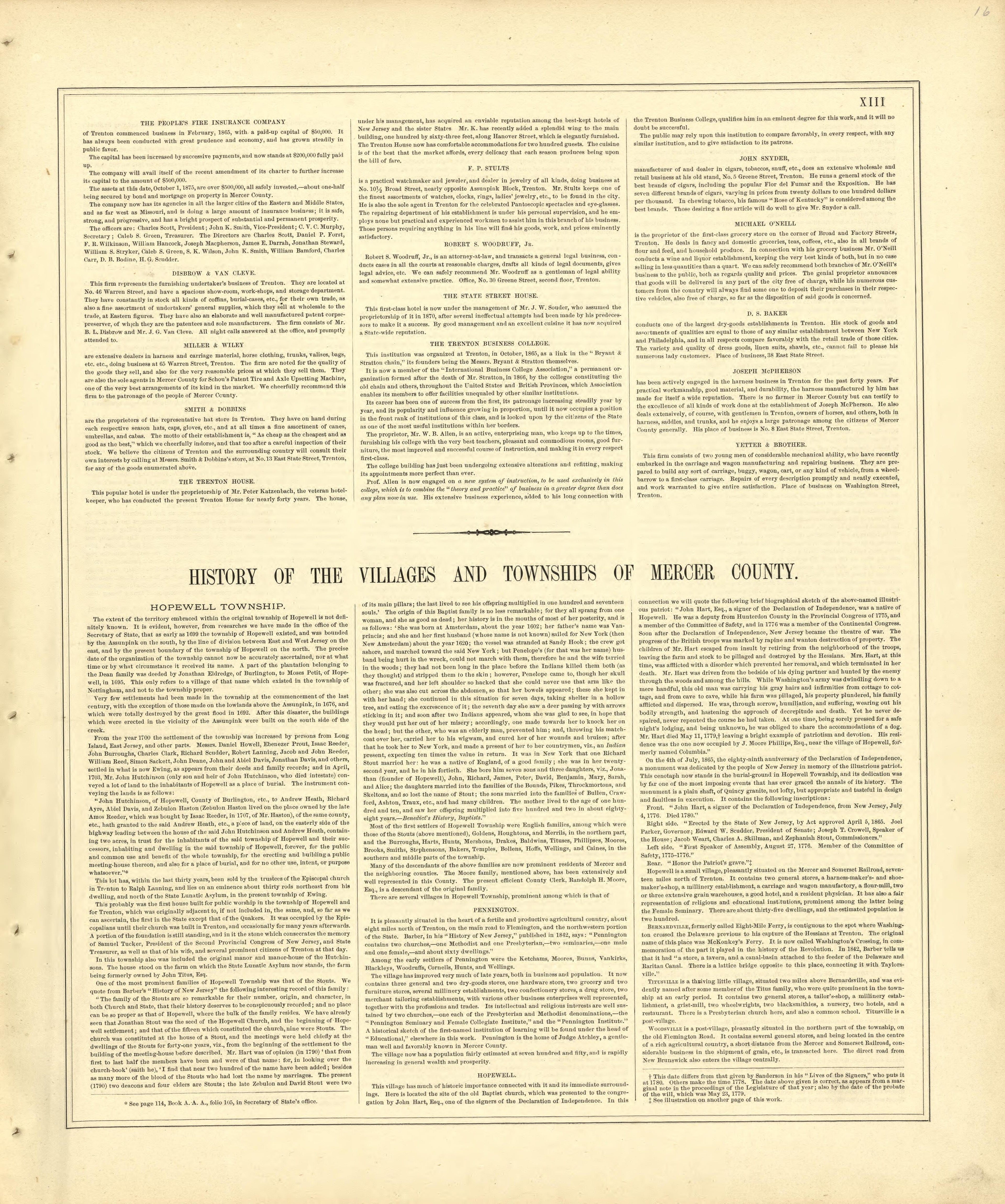 History of Mercer County, N.J. - Continued from Combination Atlas Map of Mercer County, New Jersey 1875 by Relic Map Company