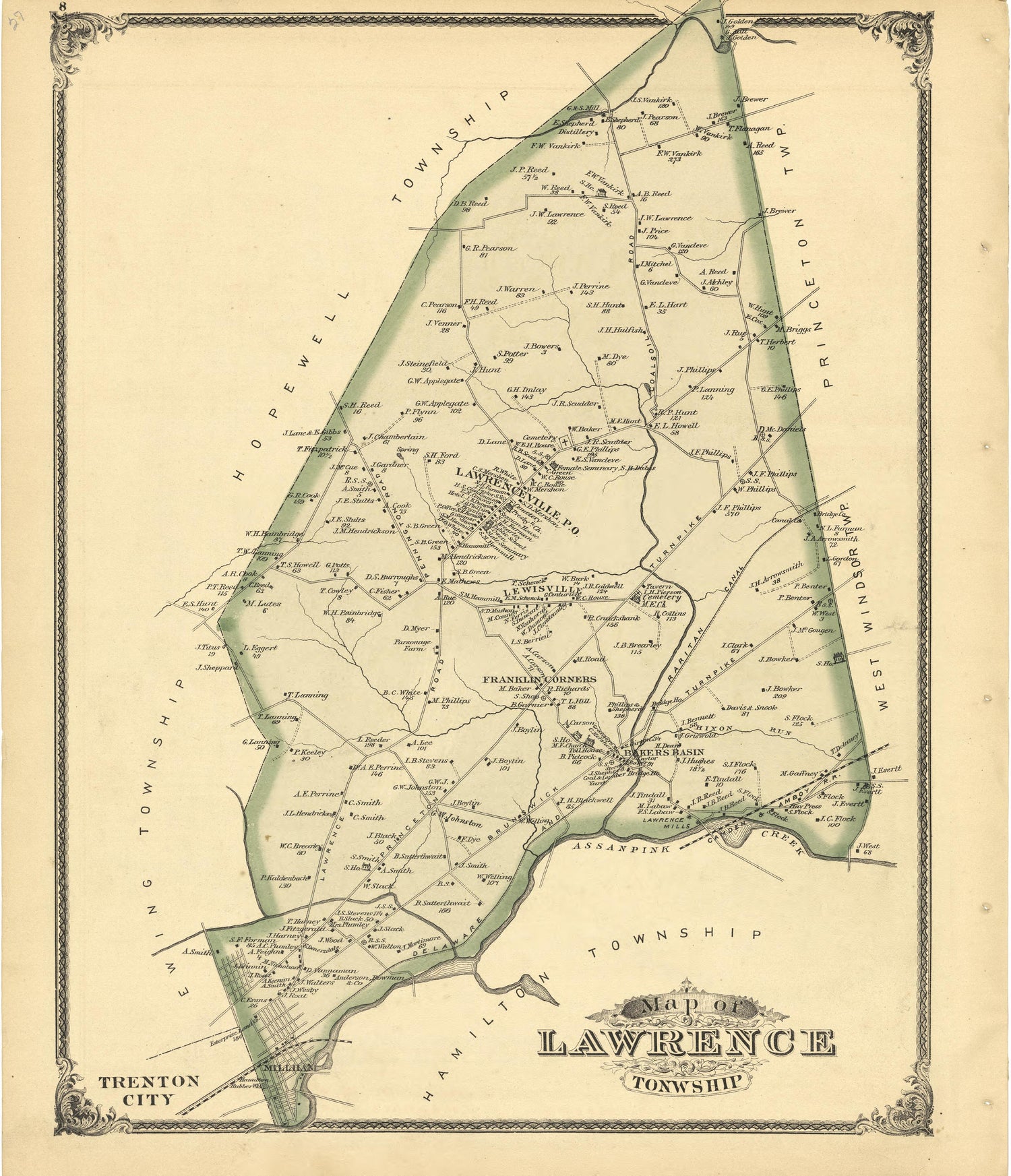 Map of Lawrence Township from Combination Atlas Map of Mercer County, New Jersey 1875 by Relic Map Company