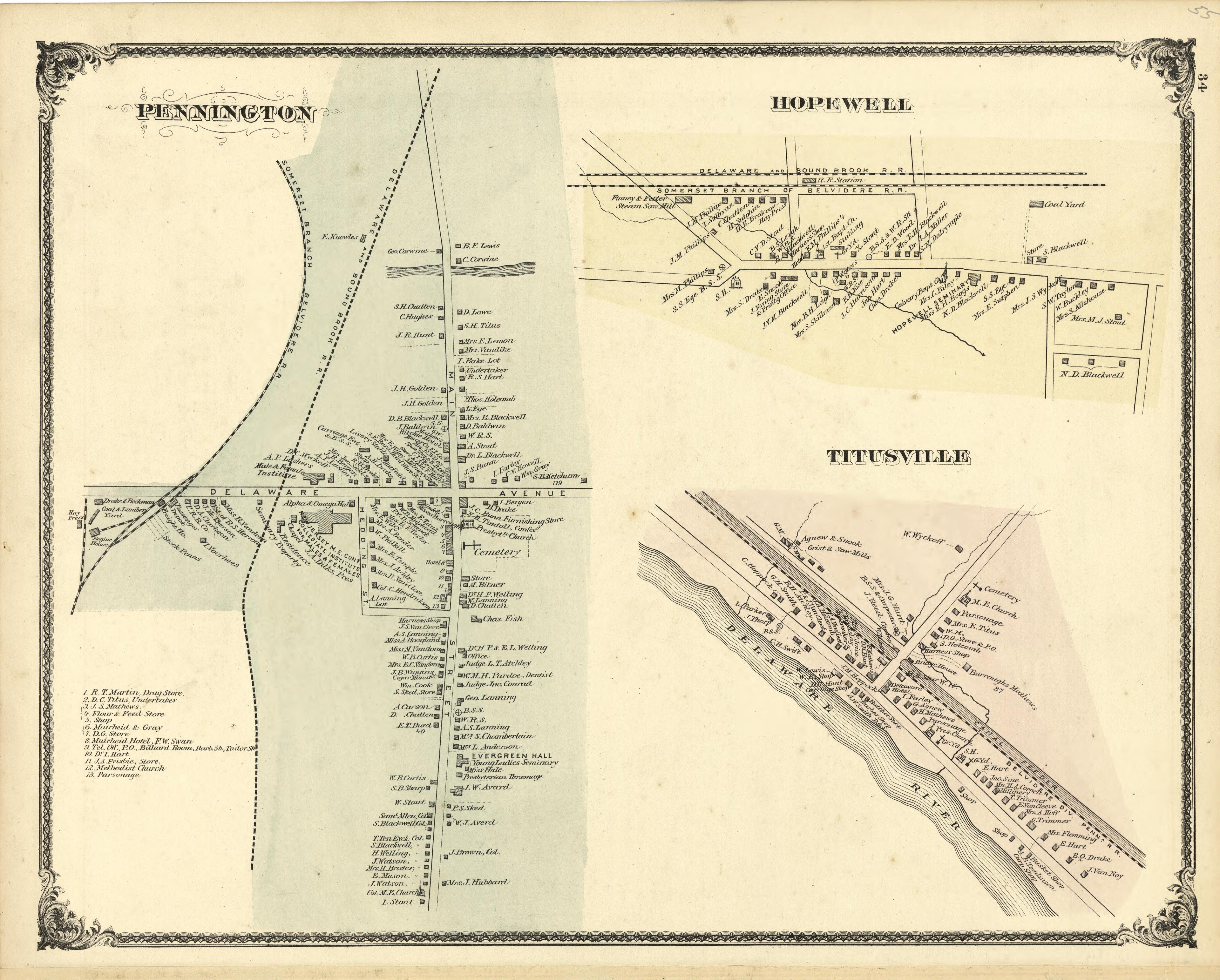 Maps of Pennington, Hopewell and Titusville from Combination Atlas Map of Mercer County, New Jersey 1875 by Relic Map Company