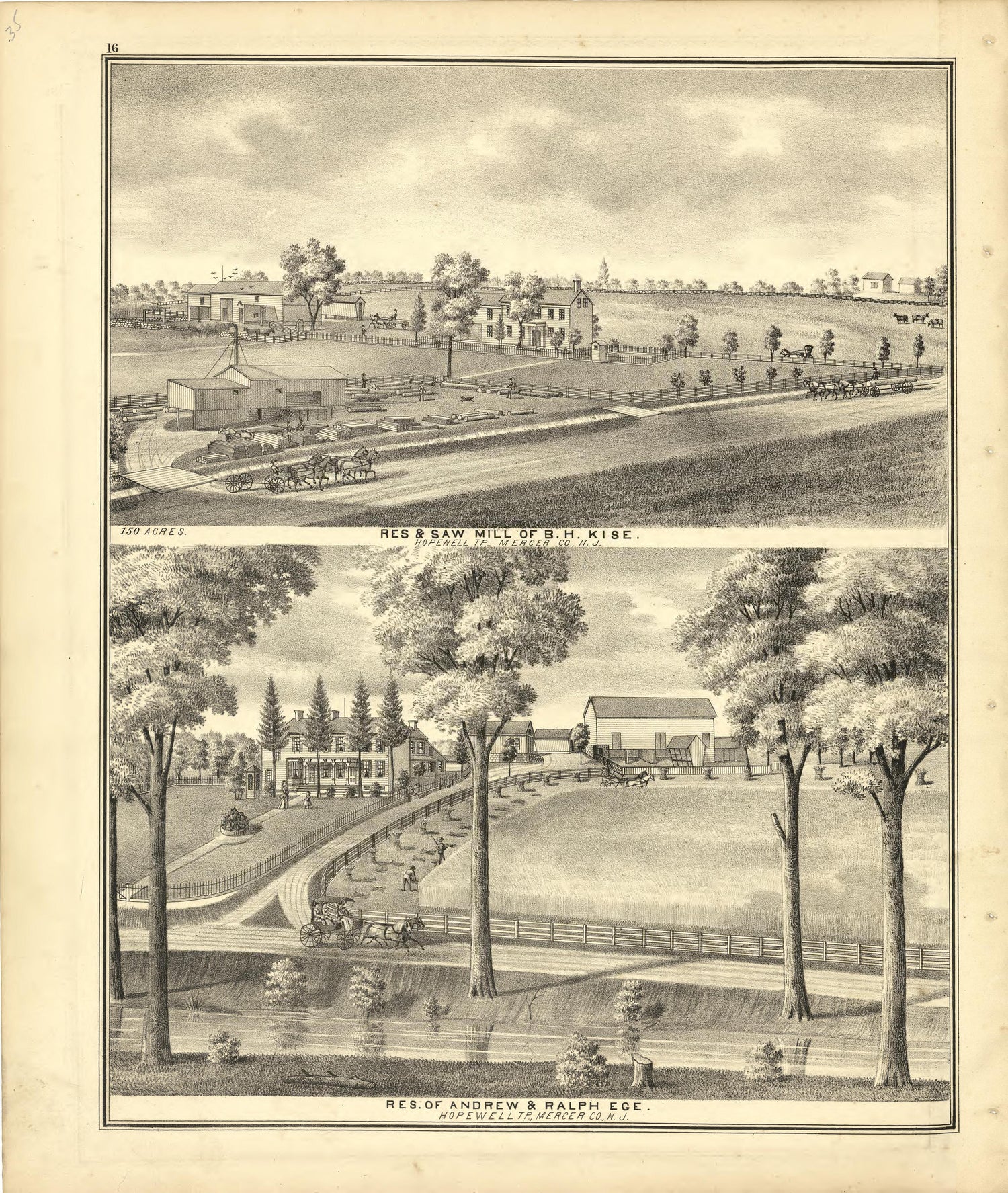 Res. &amp; Saw Mill of B. H. Kise and Res. of Andrew &amp; Ralph from Combination Atlas Map of Mercer County, New Jersey 1875 by Relic Map Company