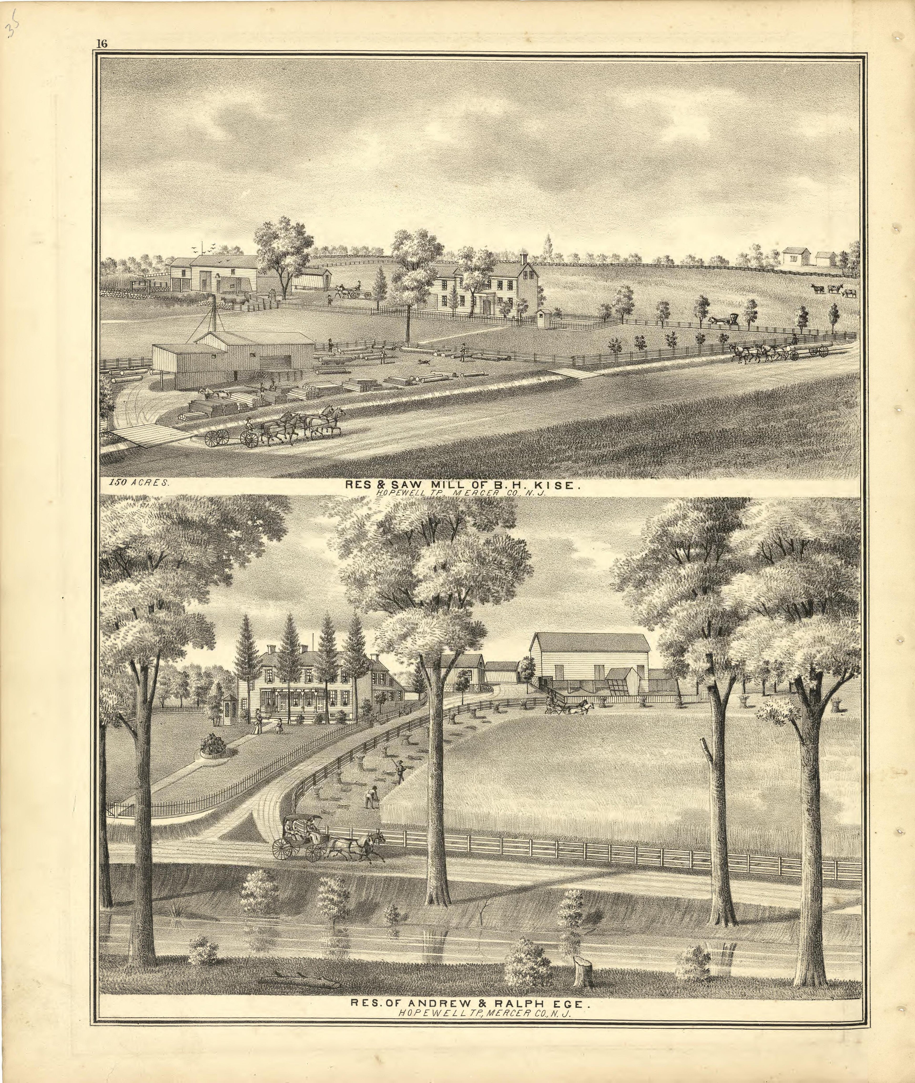 Res. &amp; Saw Mill of B. H. Kise and Res. of Andrew &amp; Ralph from Combination Atlas Map of Mercer County, New Jersey 1875 by Relic Map Company