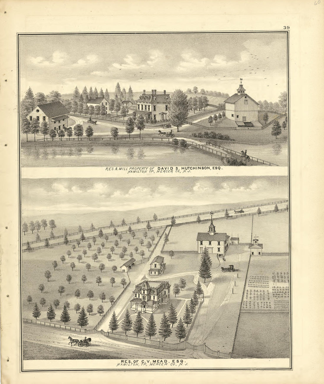 Residence &amp; Mill Property of David S. Hutchinson &amp; Residence of C.V. Mead from Combination Atlas Map of Mercer County, New Jersey 1875 by Relic Map Company