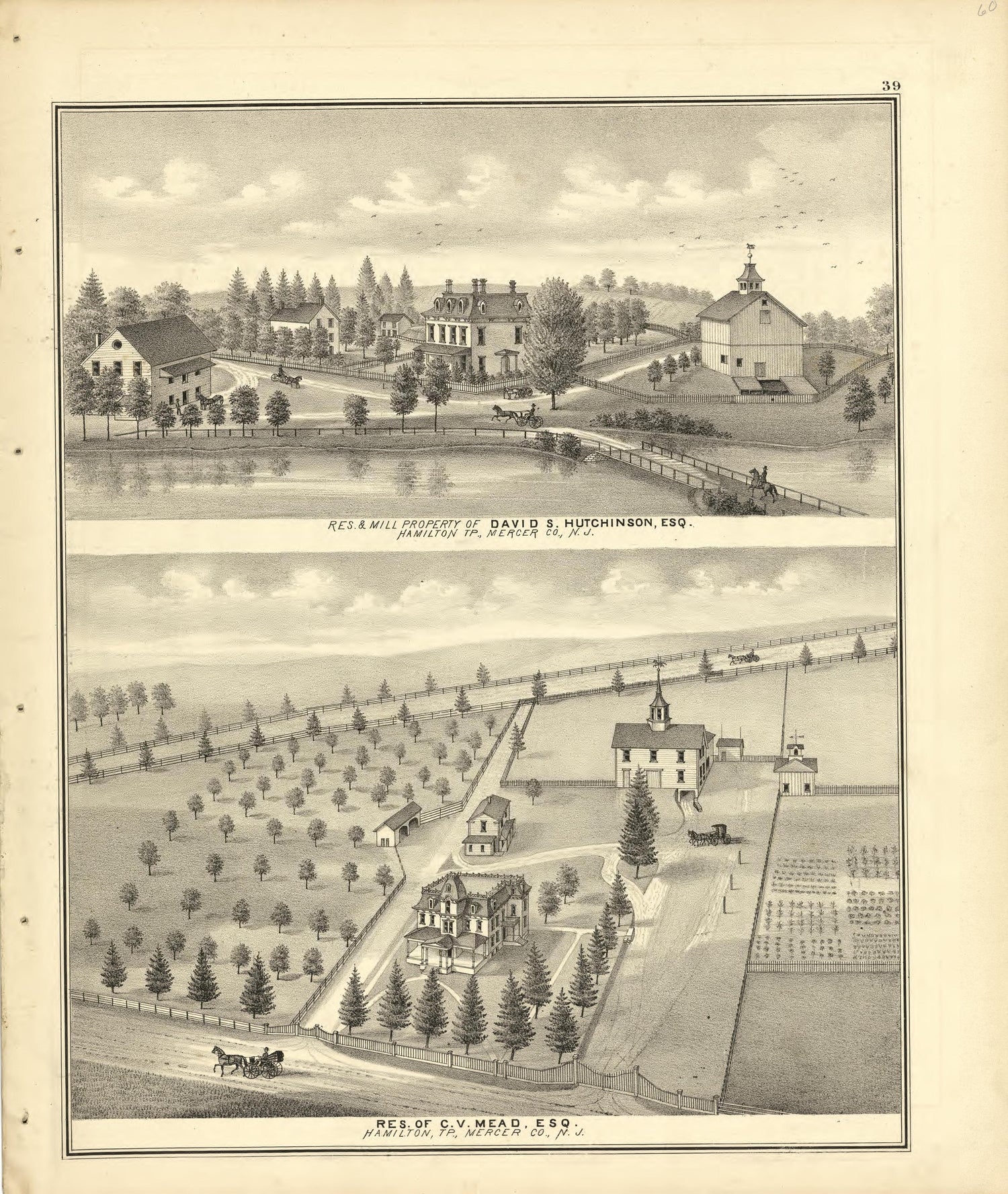 Residence &amp; Mill Property of David S. Hutchinson &amp; Residence of C.V. Mead from Combination Atlas Map of Mercer County, New Jersey 1875 by Relic Map Company