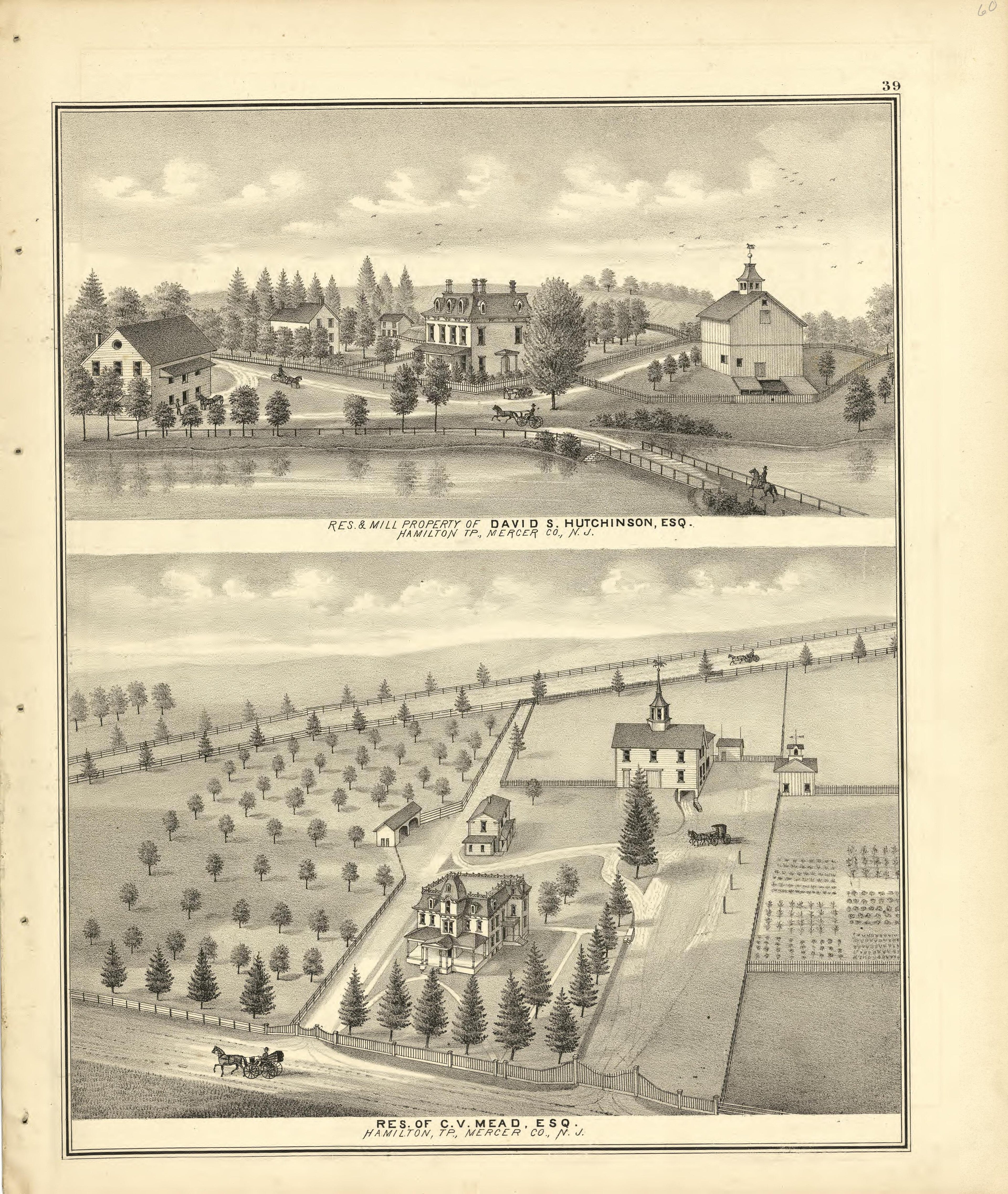 Residence &amp; Mill Property of David S. Hutchinson &amp; Residence of C.V. Mead from Combination Atlas Map of Mercer County, New Jersey 1875 by Relic Map Company