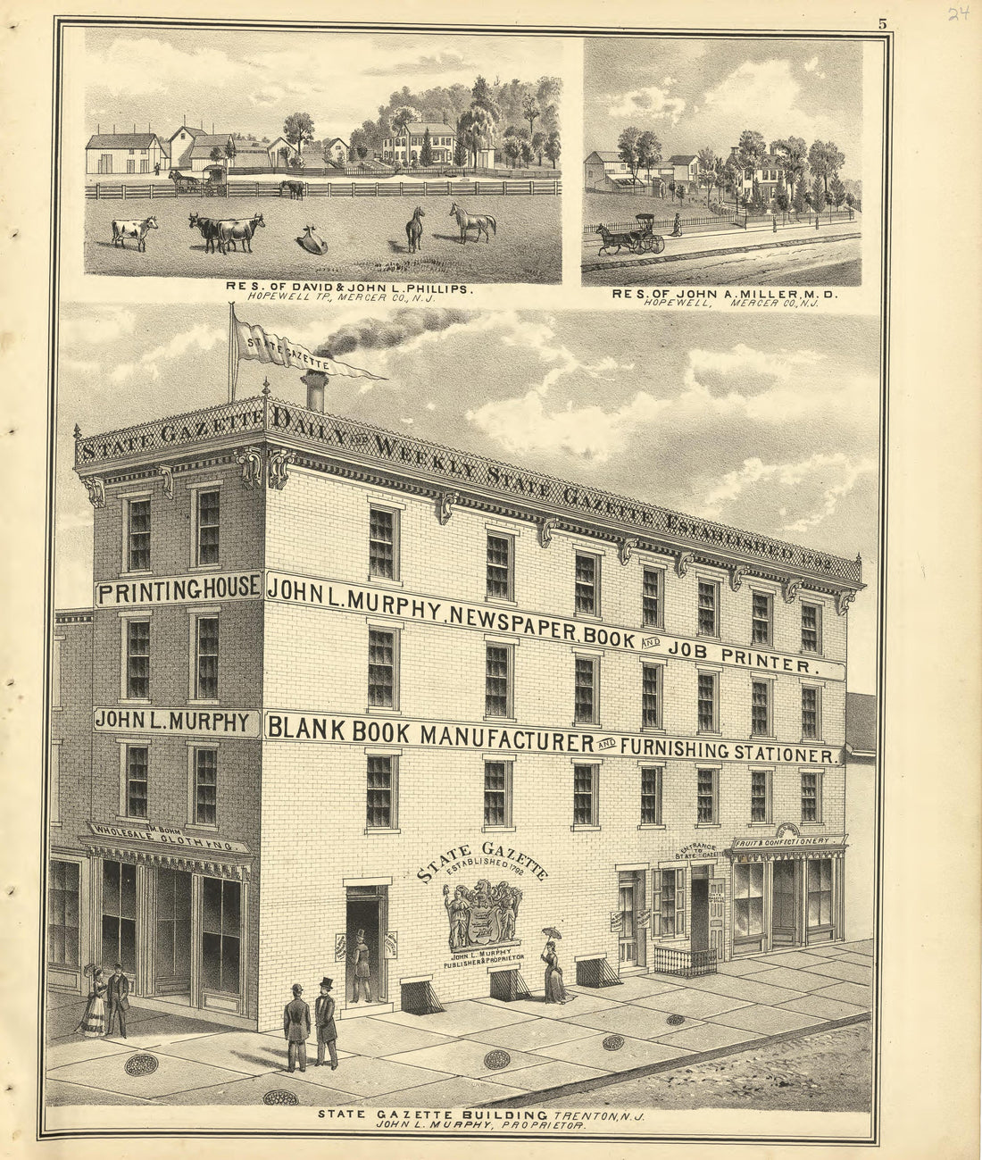 Residences: Phillips &amp; Miller, and State Gazette Building from Combination Atlas Map of Mercer County, New Jersey 1875 by Relic Map Company