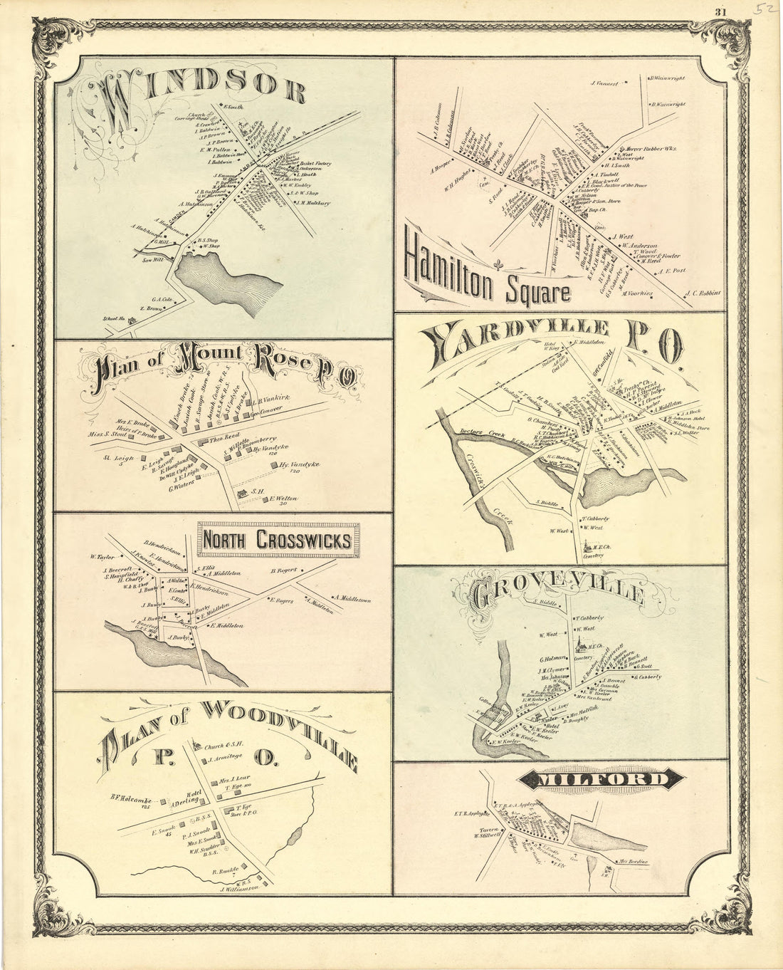 Windsor, Hamilton Sq., Mount Rose, Yardville, No. Crosswicks, Groveville, Others from Combination Atlas Map of Mercer County, New Jersey 1875 by Relic Map Company