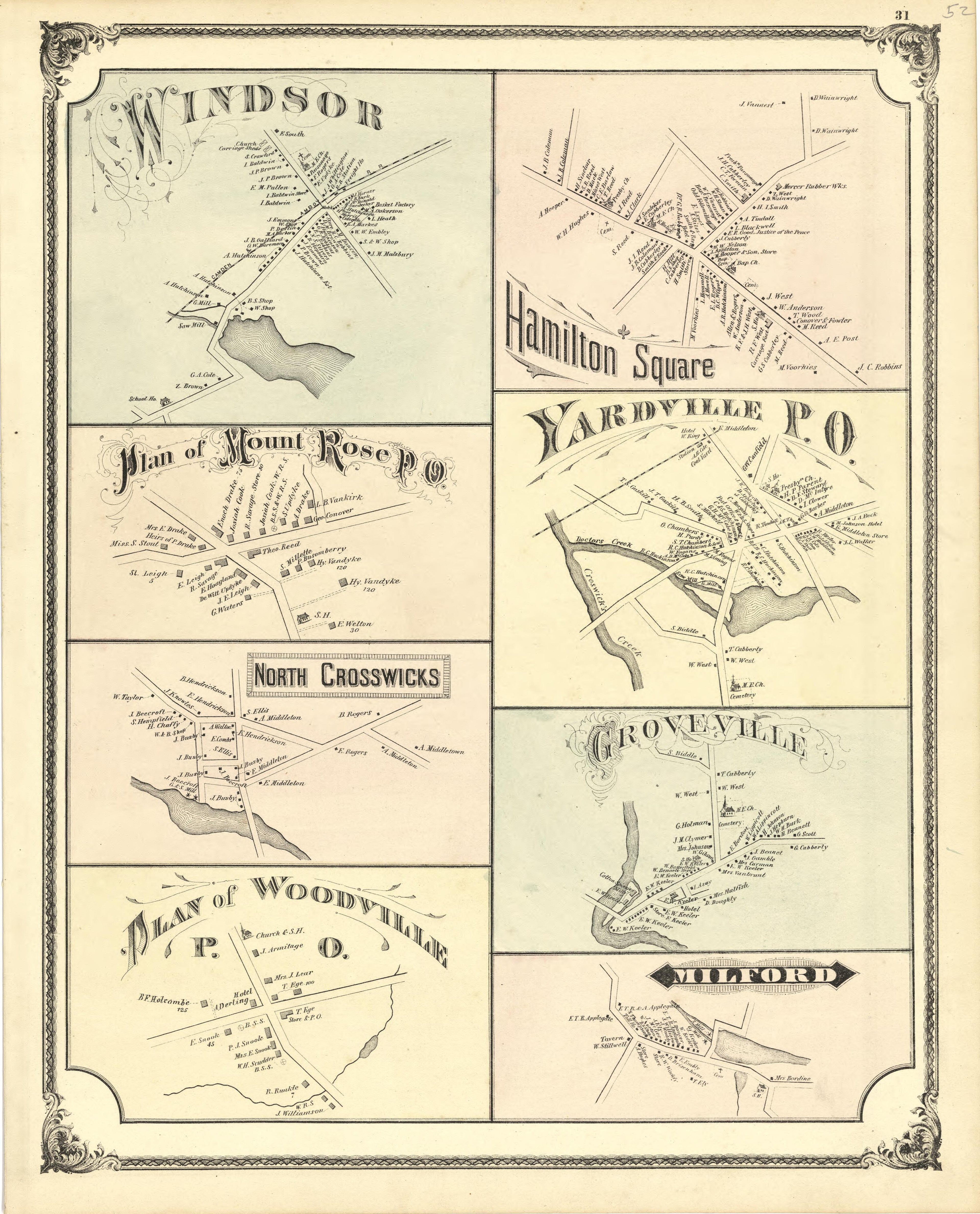 Windsor, Hamilton Sq., Mount Rose, Yardville, No. Crosswicks, Groveville, Others from Combination Atlas Map of Mercer County, New Jersey 1875 by Relic Map Company