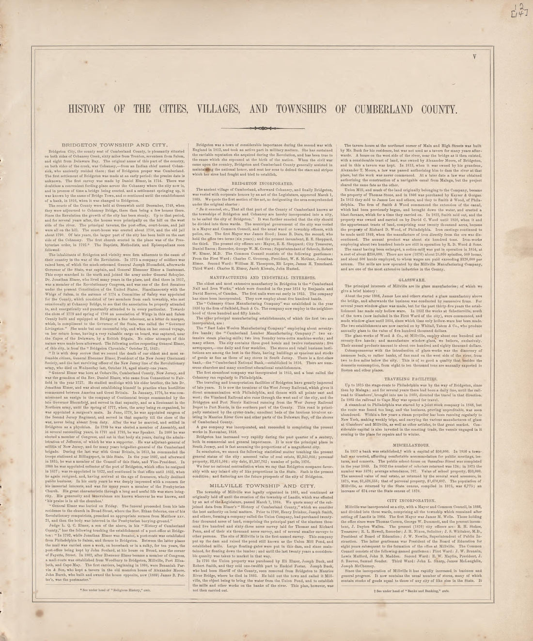 History of the Cities, Villages and Townships of the County - 1 from Combination Atlas Map of Cumberland County, New Jersey 1876 by Relic Map Company