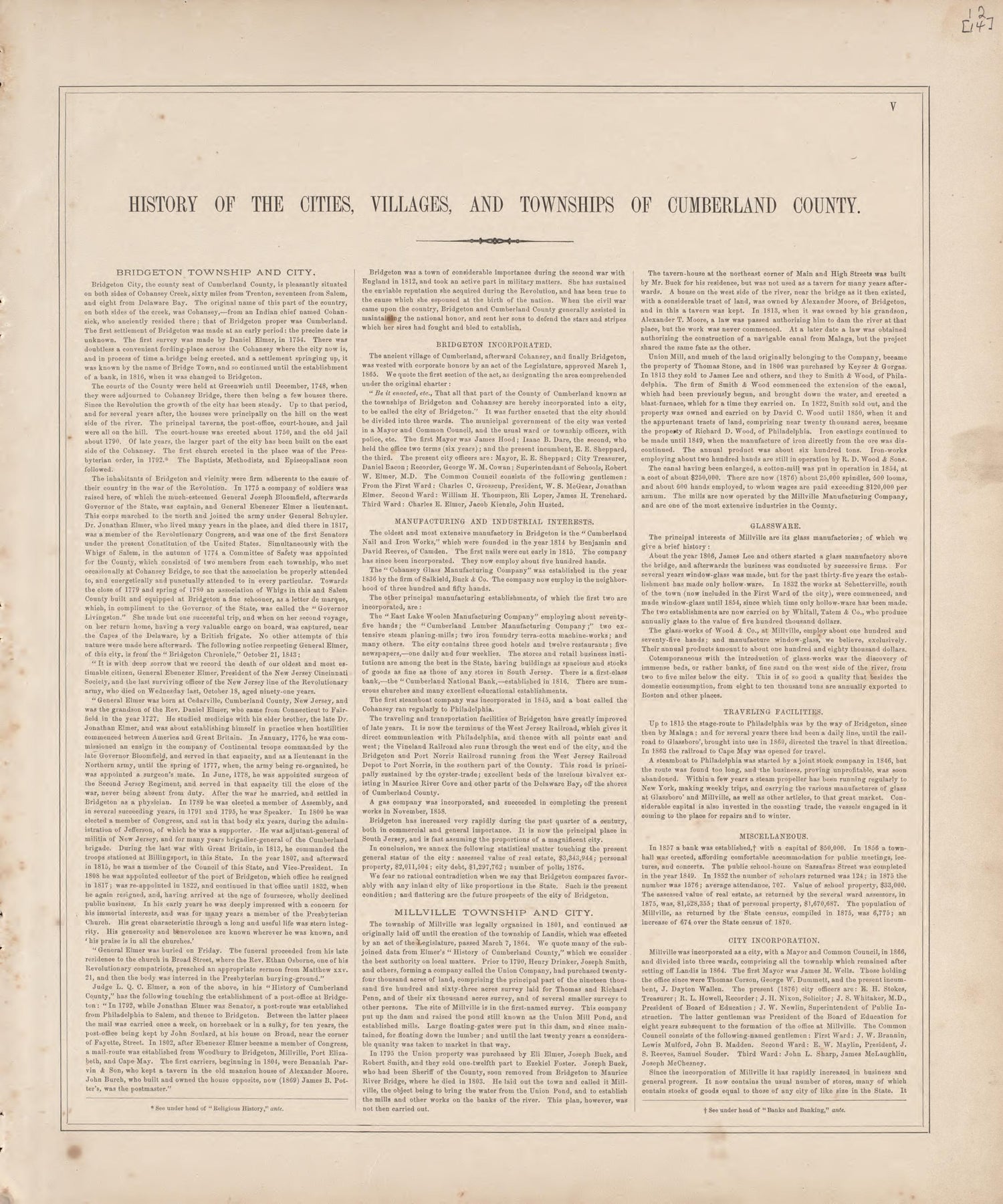 History of the Cities, Villages and Townships of the County - 1 from Combination Atlas Map of Cumberland County, New Jersey 1876 by Relic Map Company