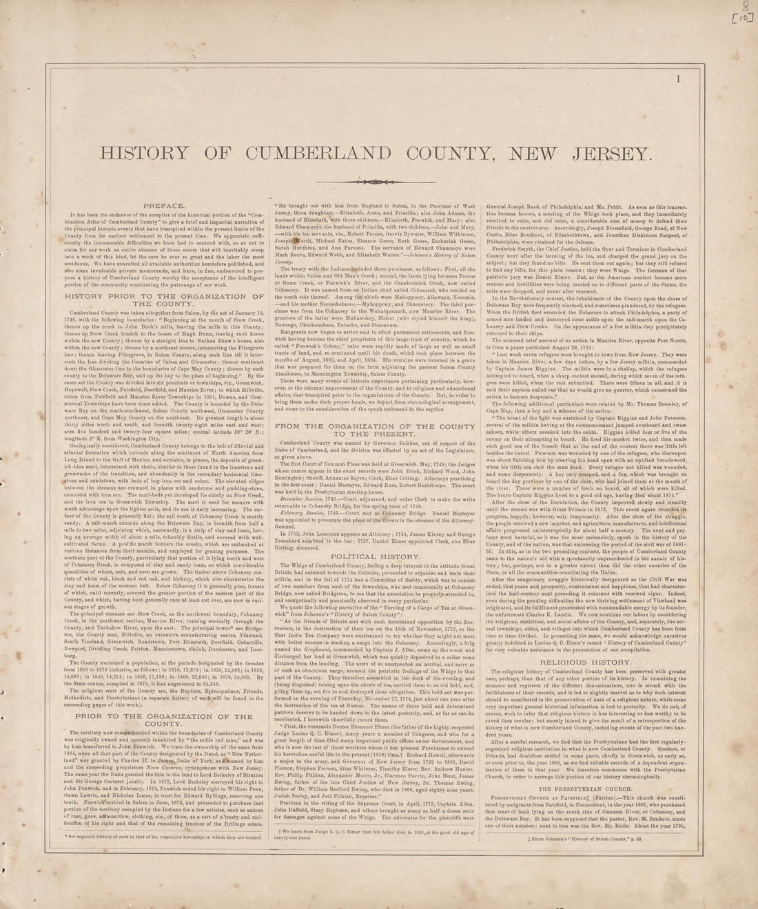 History of County - 1 from Combination Atlas Map of Cumberland County, New Jersey 1876 by Relic Map Company