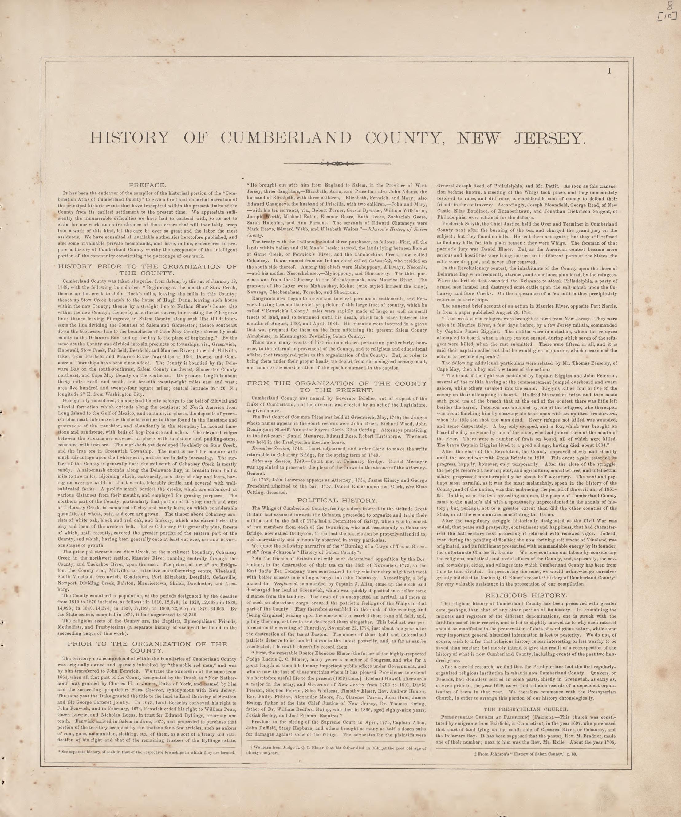 History of County - 1 from Combination Atlas Map of Cumberland County, New Jersey 1876 by Relic Map Company