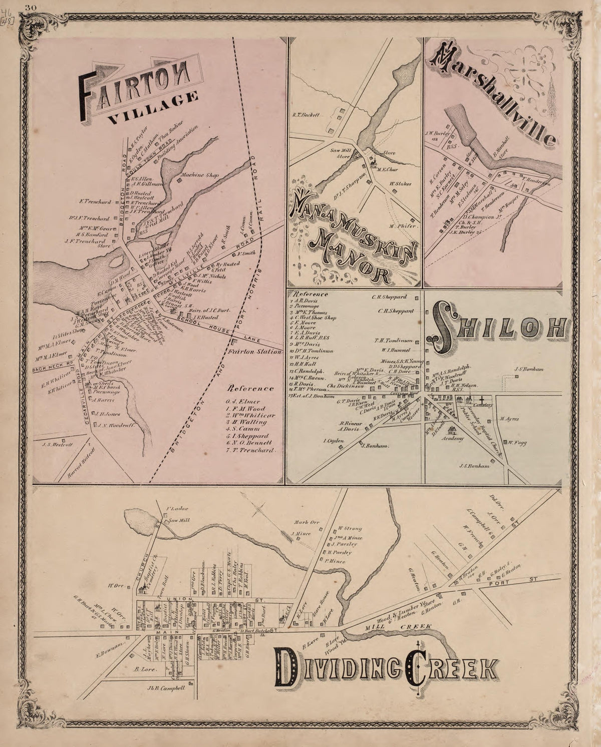 Fairton Village, Manamuskin Manor, Marshallville, Shiloh, Dividing Creek from Combination Atlas Map of Cumberland County, New Jersey 1876 by Relic Map Company