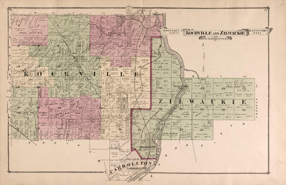 Kochville and Zilwaukie Townships from Atlas of Saginaw County, Michigan : from Recent and Actual Surveys and Records 1877 by Relic Map Company