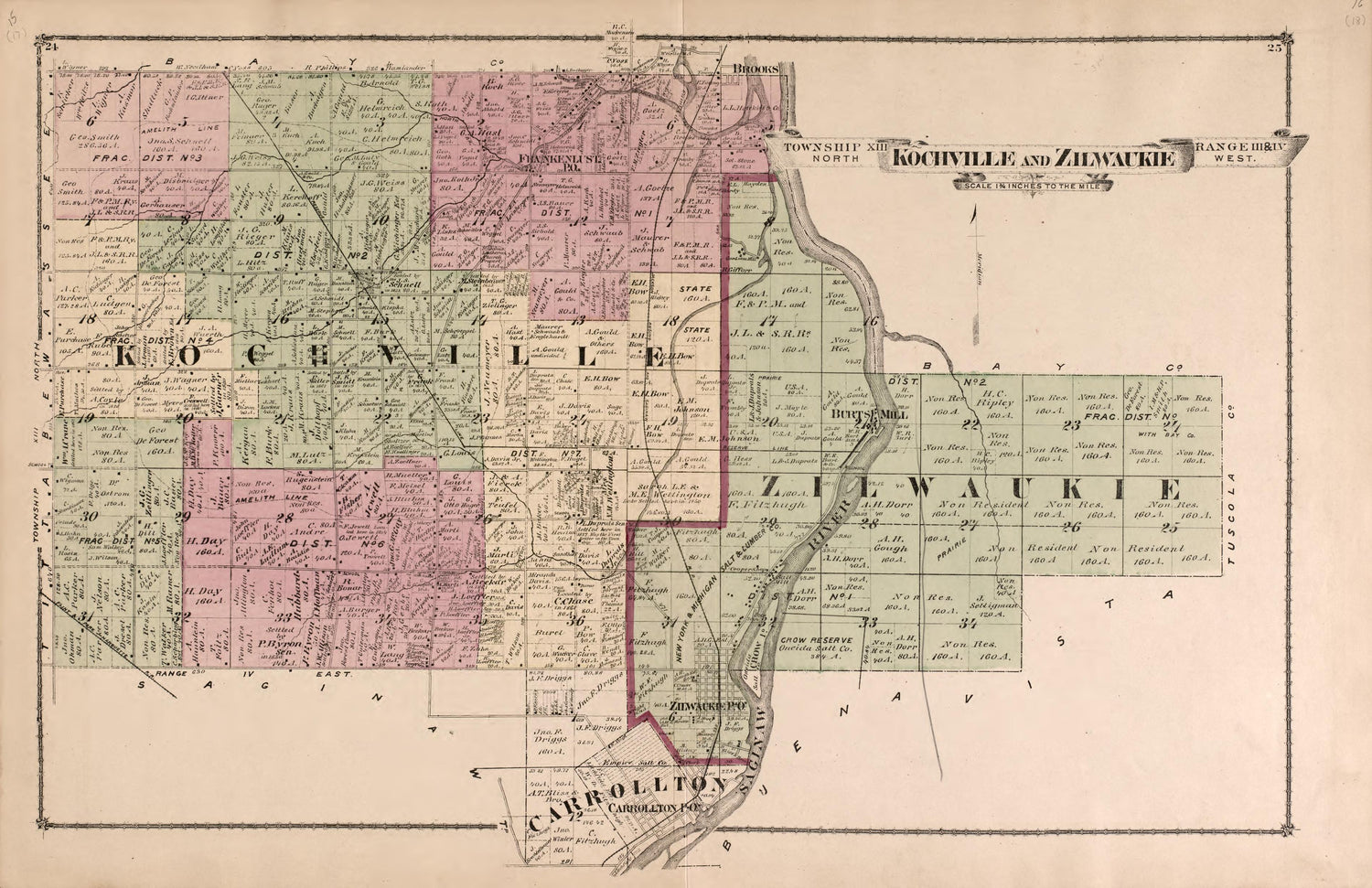 Kochville and Zilwaukie Townships from Atlas of Saginaw County, Michigan : from Recent and Actual Surveys and Records 1877 by Relic Map Company